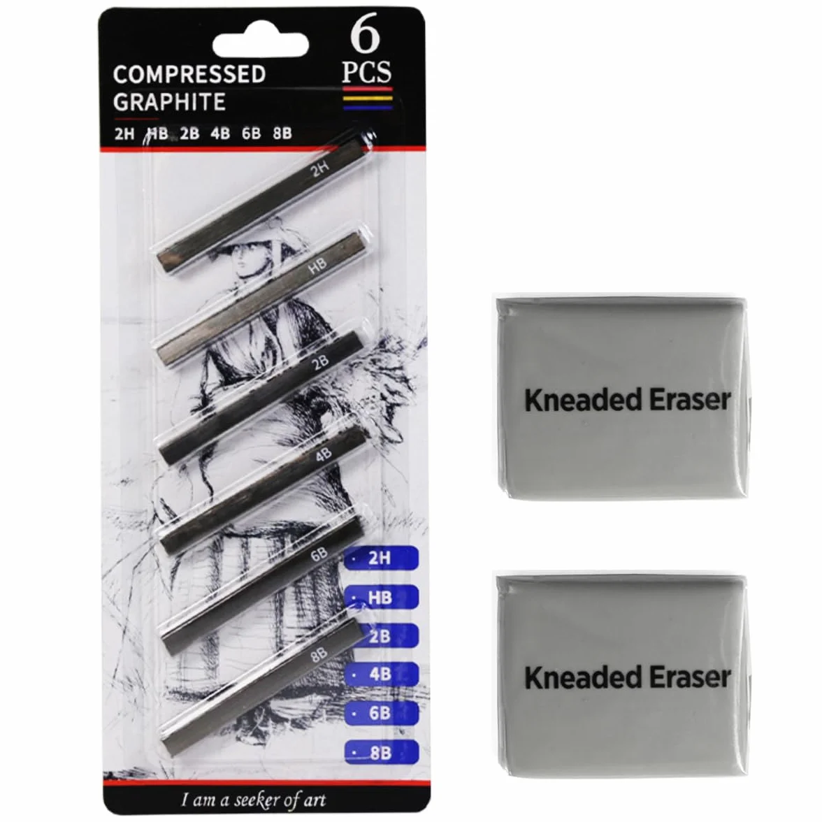 Bastoncini di grafite quadrati, 6 pezzi, gomme in gomma impastate di grandi dimensioni, confezione da 2, colore nero, set di matite a carboncino di grafite compressa per disegnare, schizzi