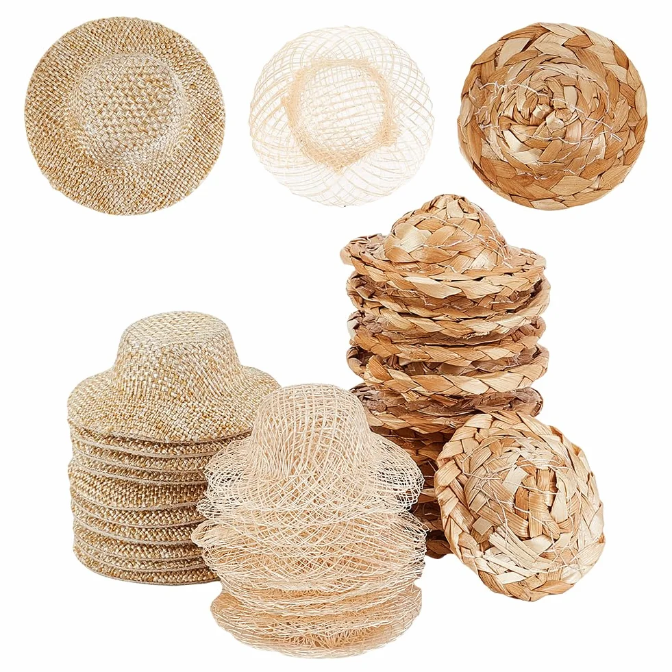 AHANDMAKER 30 mini cappelli di paglia per bricolage, cappelli di paglia per bambole, ornamenti, cappelli di paglia per bambole, tappi in tessuto per decorazioni di abbigliamento, accessori per