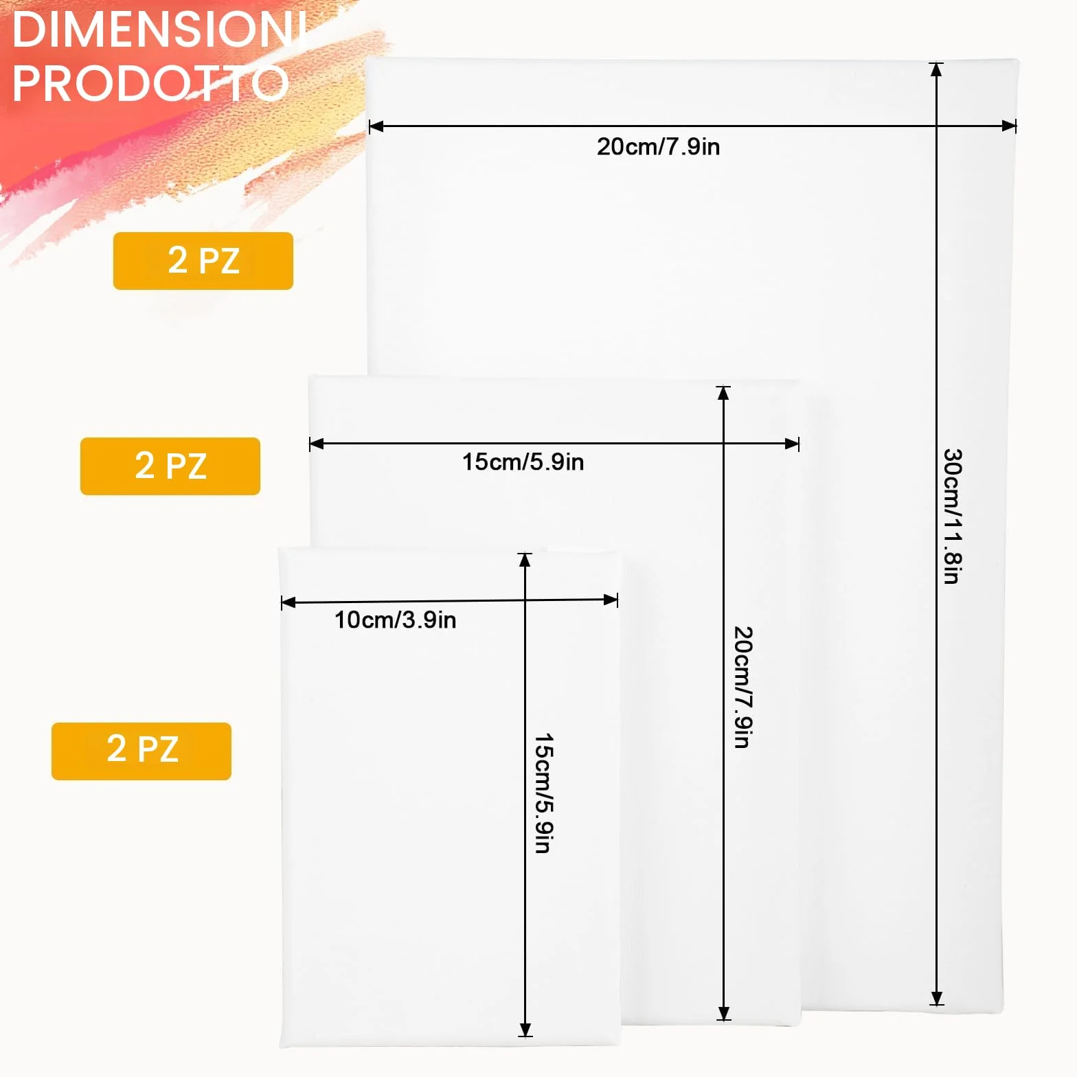 Set da 6 tele per dipingere 30x20, 20x15, 15x10 cm – tela per dipingere professionale in tela bianca, perfetta per acrilico, olio e gouache – tele pittura ideali per artisti e hobbisti.