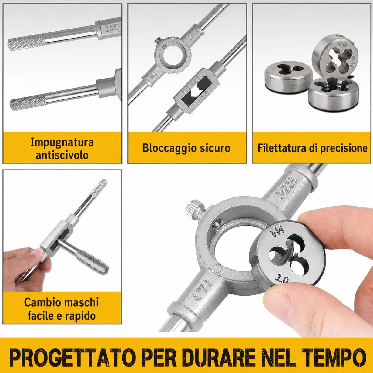 Hi-Spec Set Maschi e Filiere Metriche 20 Pezzi. Completo da M3 a M12 con Filetti Fini e Grossi per Taglio e Ripristino, con Giramaschi in Valigetta Compatta
