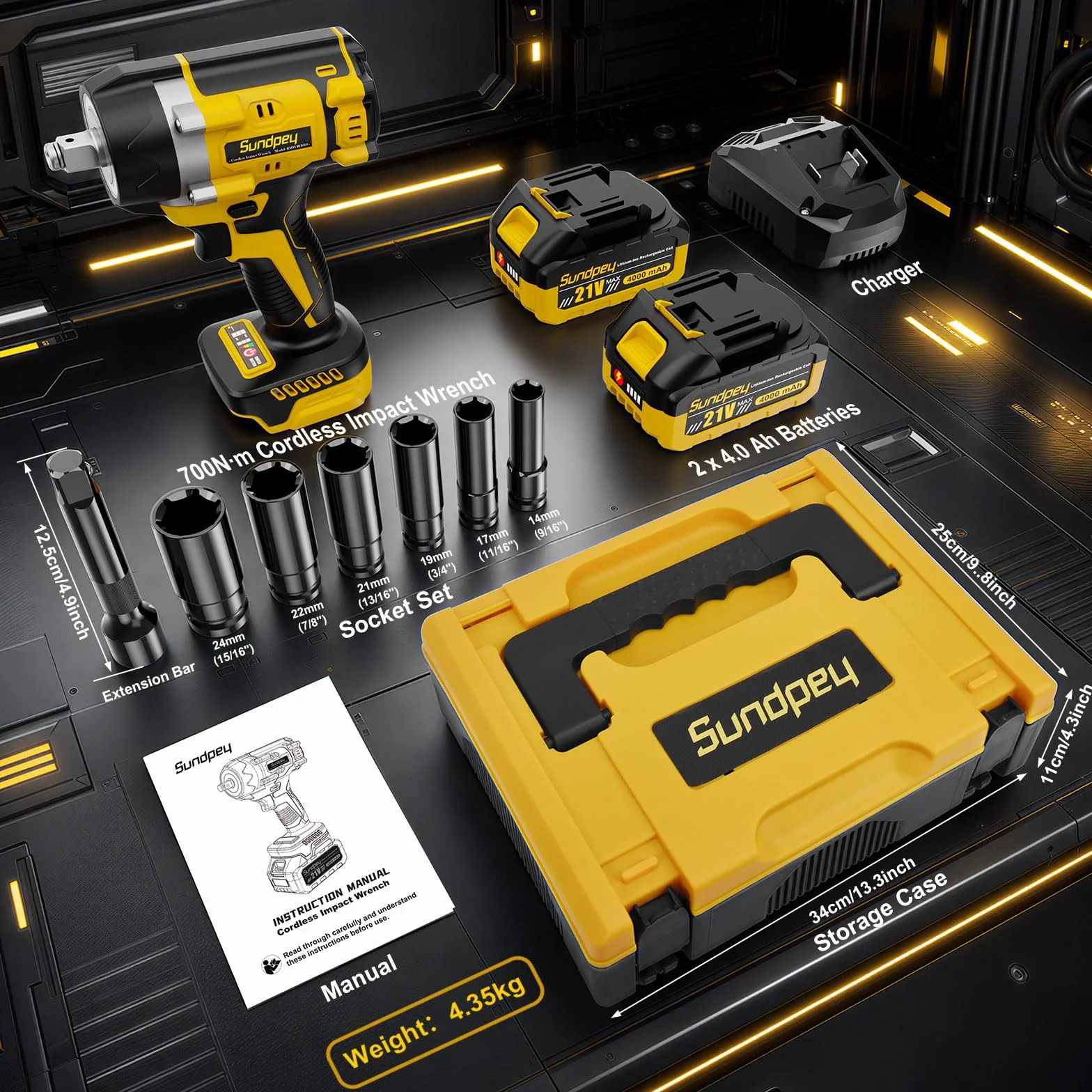 Avvitatore a Impulsi a Batteria 700 Nm 1/2" Brushless 21V con 2 Batterie 4,0 Ah 6 Bussoli Anello LED