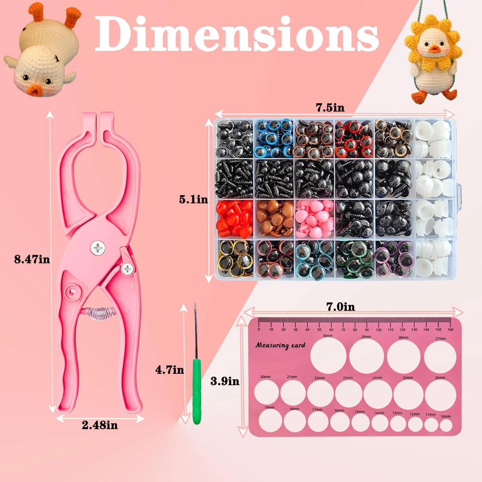 Kit Strumento Occhi di Sicurezza Rosa 1150 PCS con Pinza Ergonomica per Occhi Amigurumi 3D Glitter, 5-30 mm per Animali all’Uncinetto, Pupazzi e Peluche, Accessori Fai da Te con Rondelle e Nasi