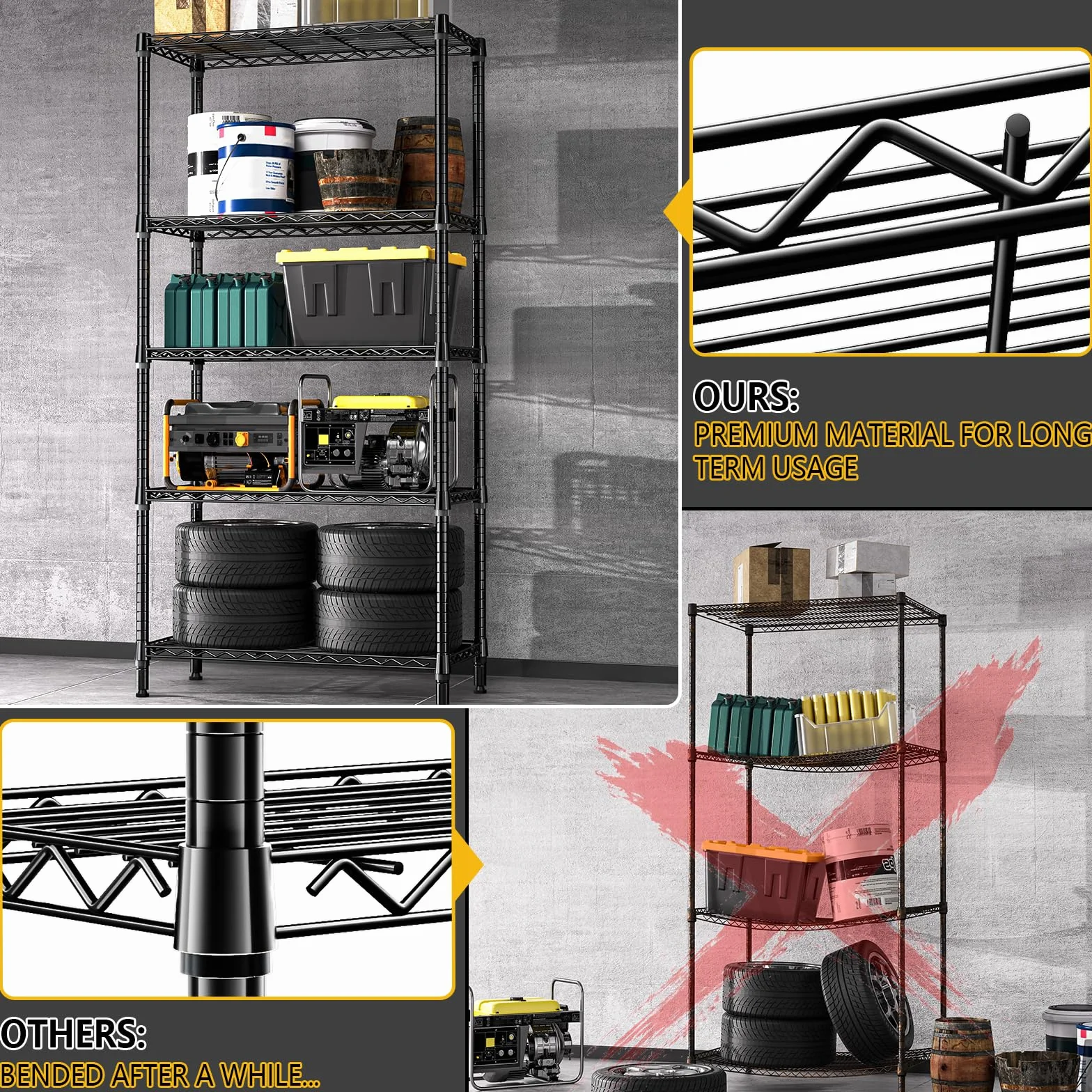 M MZG Scaffale in metallo a 5 ripiani, 567 kg, resistente, per armadio, garage, cucina, bagno, lavanderia, nero, 40 x 85 x 173,9 cm