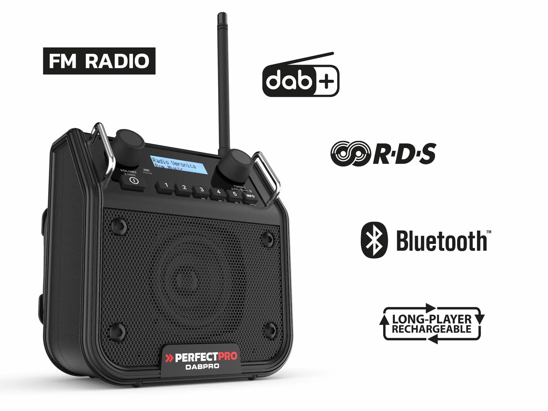 PerfectPro Radio da cantiere DABPRO, DAB+ e ricezione FM, ingresso AUX, MP3, Bluetooth, corrente di rete e ricaricabile, resistente agli urti, IP54, DPR2