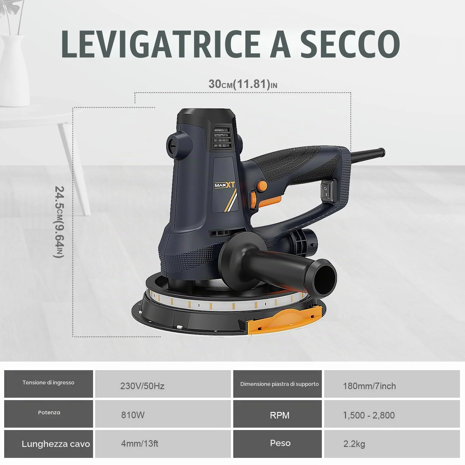 MAXXT Levigatrice per cartongesso 810 W smerigliatrice elettrica 1500-2800 giri/min velocità variabile 8 pezzi