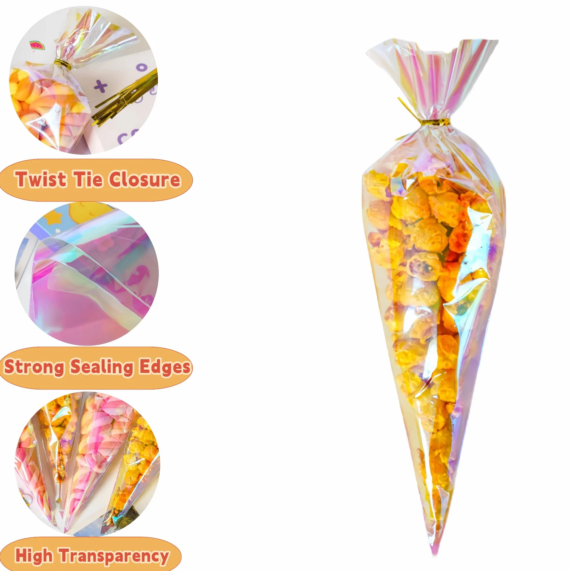 WACCOMT Pack 50 Sacchetti Regalo in Cellophane Olografico Iridescente a Forma di Cono con Chiusura a Laccio Sacchetti di Plastica per Bomboniere (Trasparente, 15.5x25.5cm (6.1x10 inch))