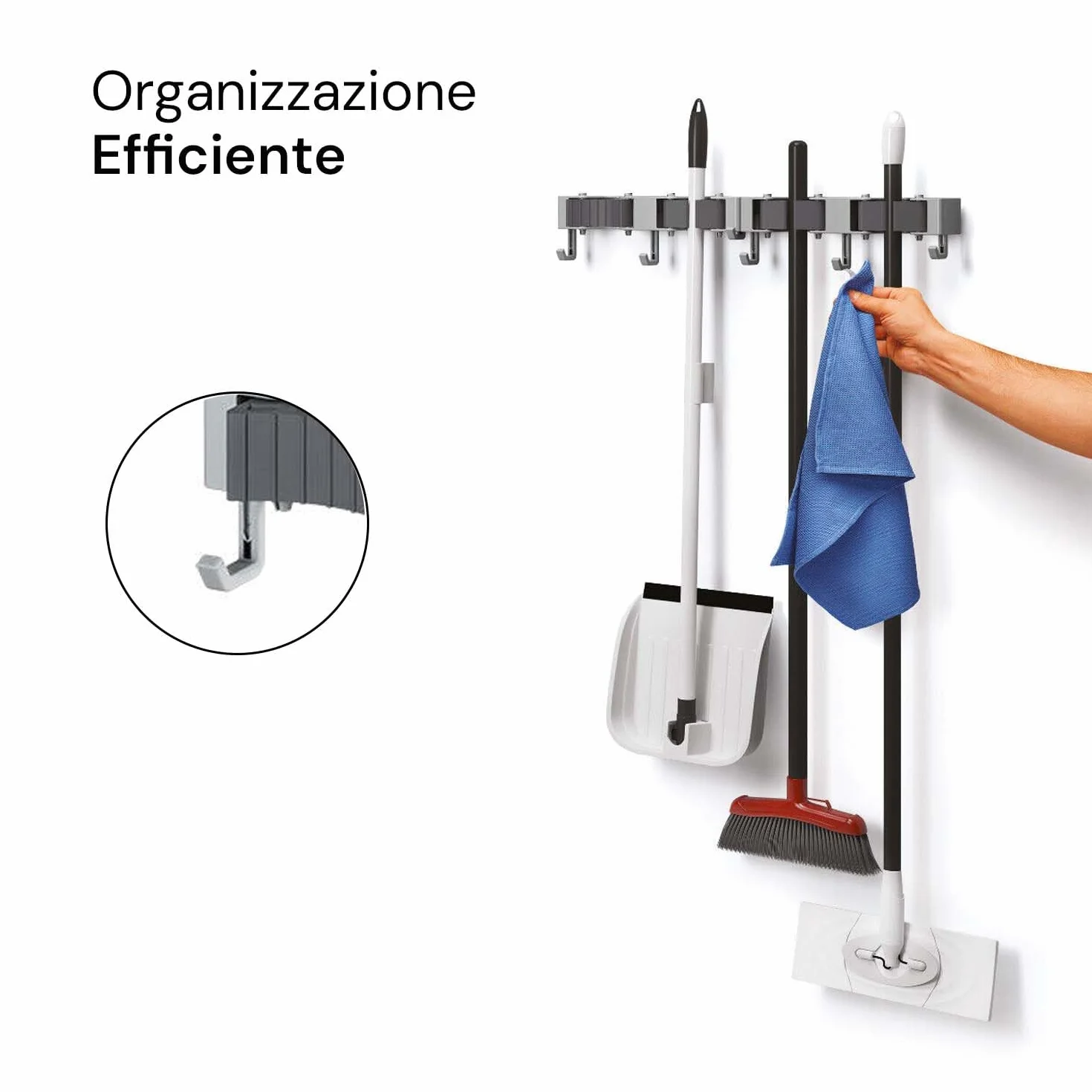 Avilia Set 2 Organizer Scope, Stracci e Spazzole da Parete - Supporto Porta Attrezzi per Pulizie con 3 Ganci, in Plastica e Silicone, 22x6x7cm, Grigio e Nero