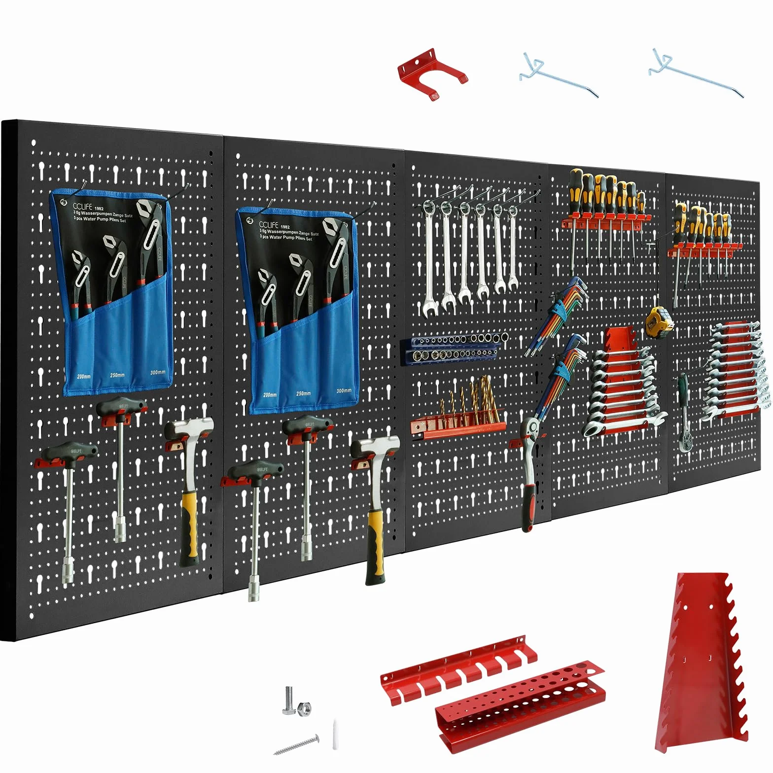 CCLIFE Pannello Porta Attrezzi Da Parete Con 43 Supporti Officina Forato Portautensili Stoccaggio 200 x 60 x 2 cm 5 Pezzi Espandibile Mensola da Parete Porta Attrezzi Nero