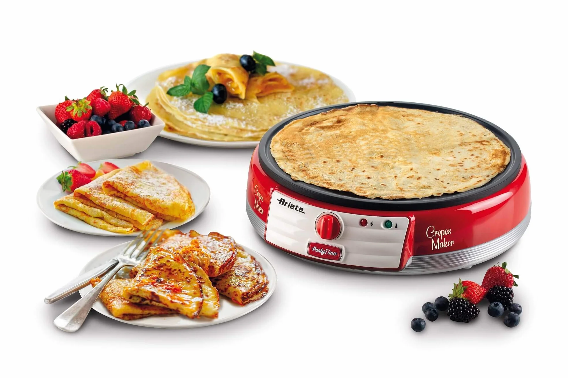 Ariete Crepes Maker Party Time 202, Crepiera Elettrica con Piastra Antiaderente, Piastra Elettrica per Crepes con Spatole e Stendi Impasto Incluse, 1000W, Rosso