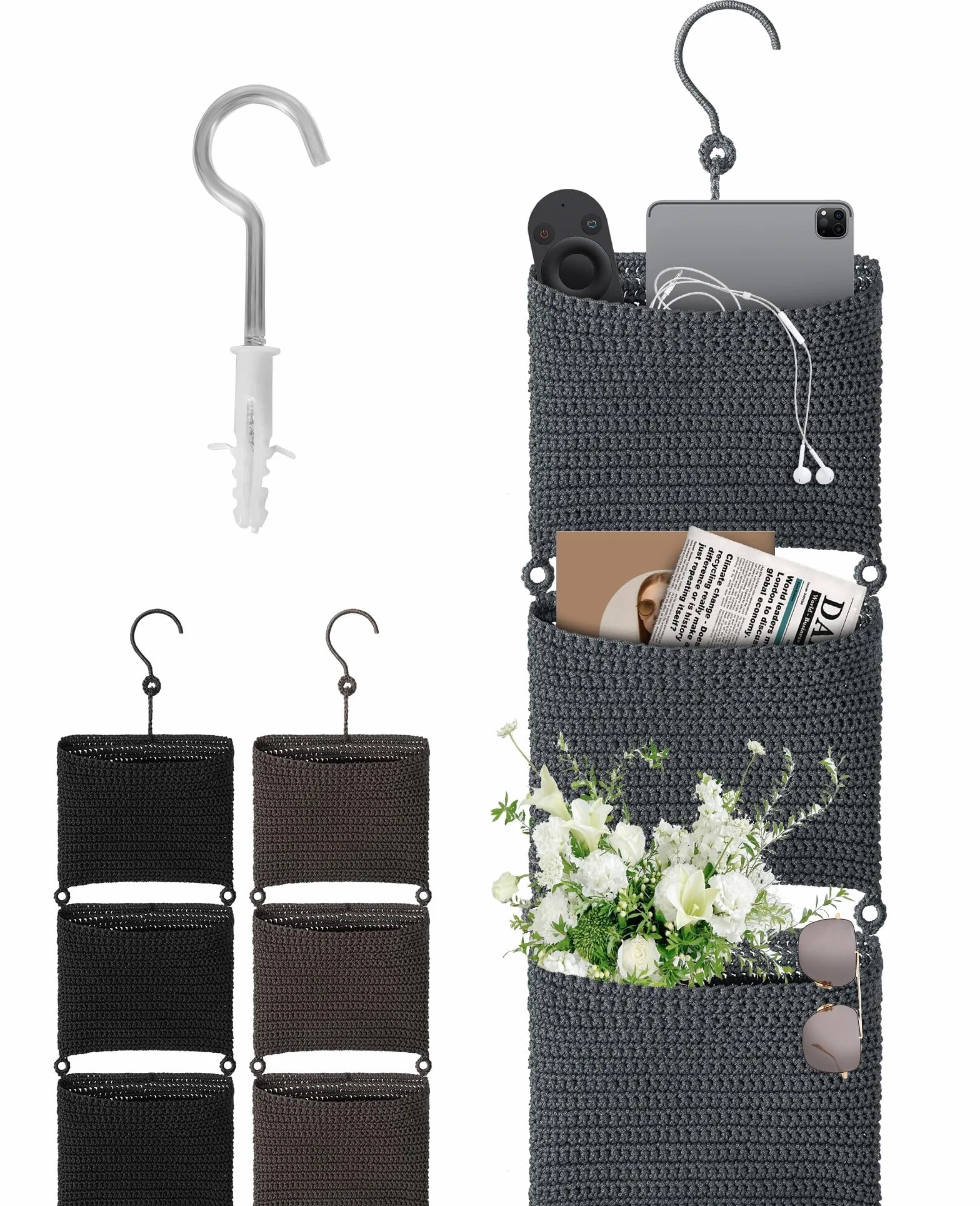 Cestino da parete a 3 ripiani con ganci per riviste, organizer decorativo, decorazione per cameretta dei bambini, soggiorno, camera da letto, bagno, grigio