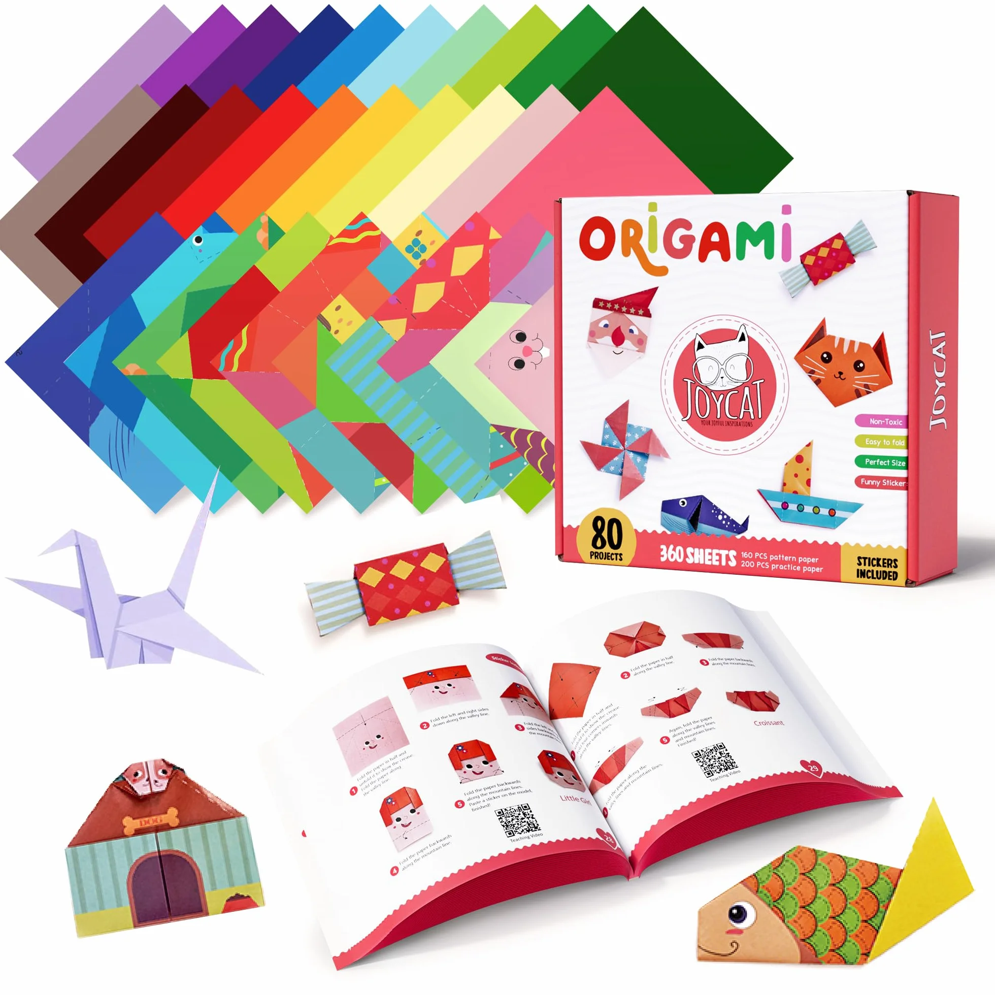 JoyCat 360 Fogli Carta Origami per Bambini 15x15 cm 160 File di Origami Vividi a Doppia Faccia, 200 Carta Pratica con Manuale di Insegnamento Colorato - Set di Cartoncini Colorati