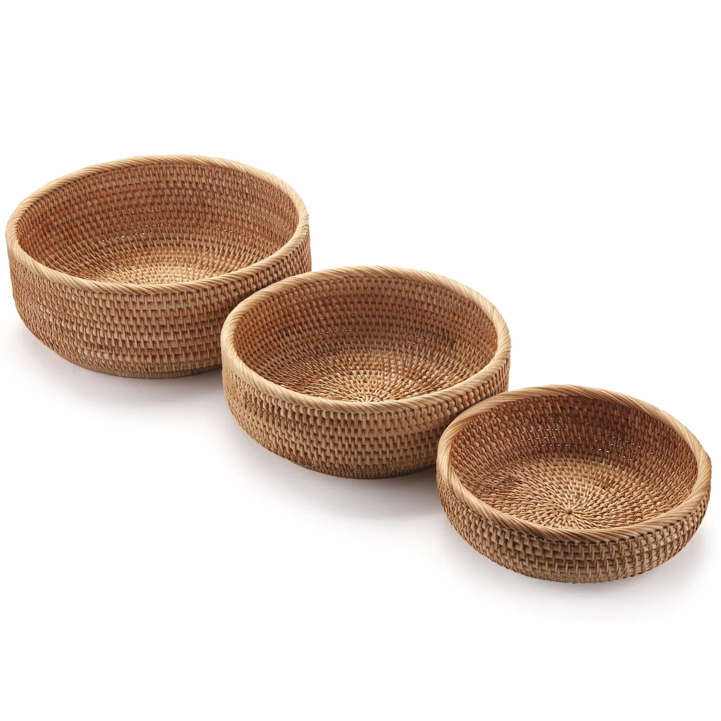 Cestini Portaoggetti Rotondi in Rattan Cesto Frutta Tessuta Impilabile per Armadi da Cucina Scaffale Naturale Set di 3