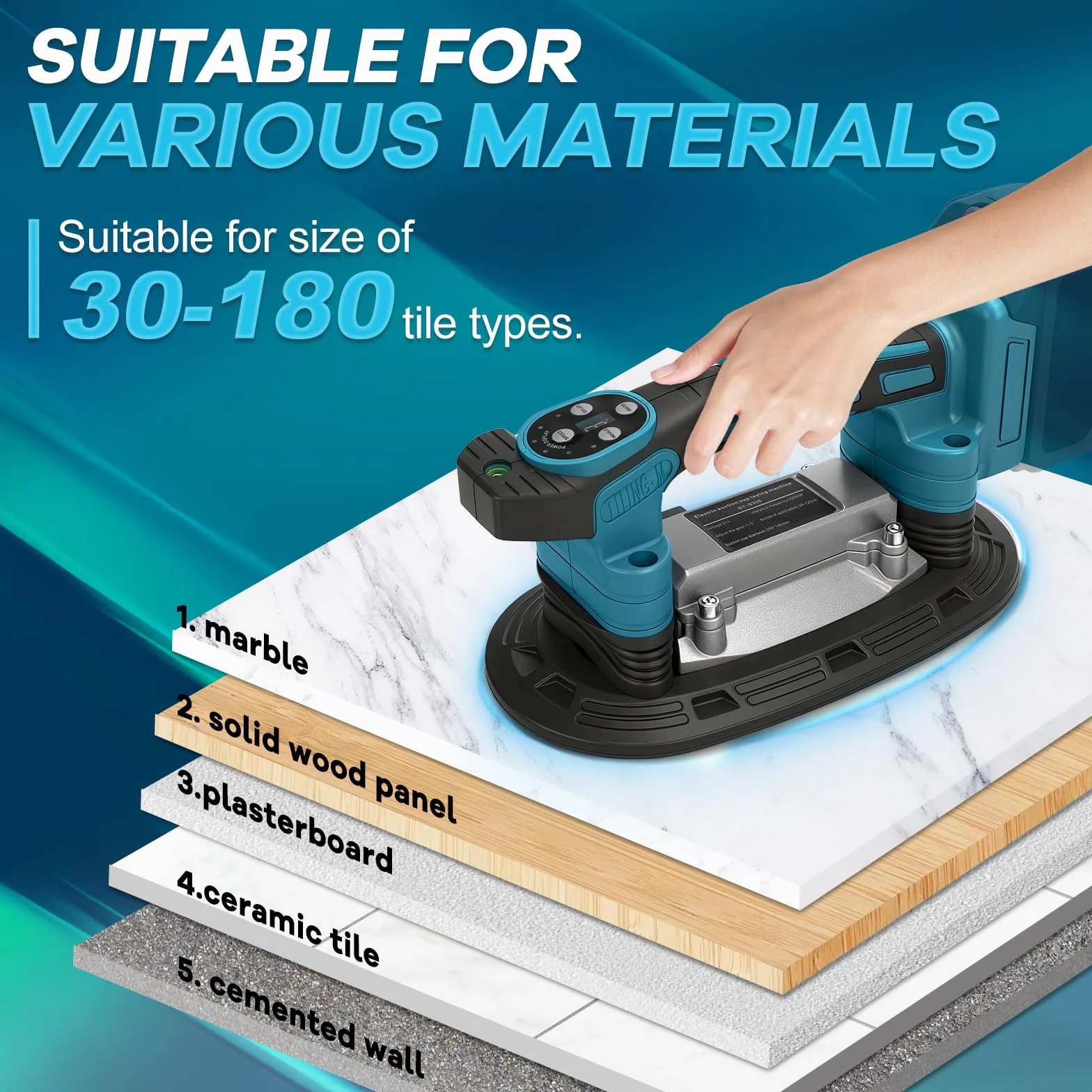 Macchina vibrante per piastrelle compatibile con batteria Makita da 18 V (senza batteria), piastrellatrice con 9 velocità regolabili, ventosa ingrandita e adsorbimento da 100 kg per posa di piastrelle