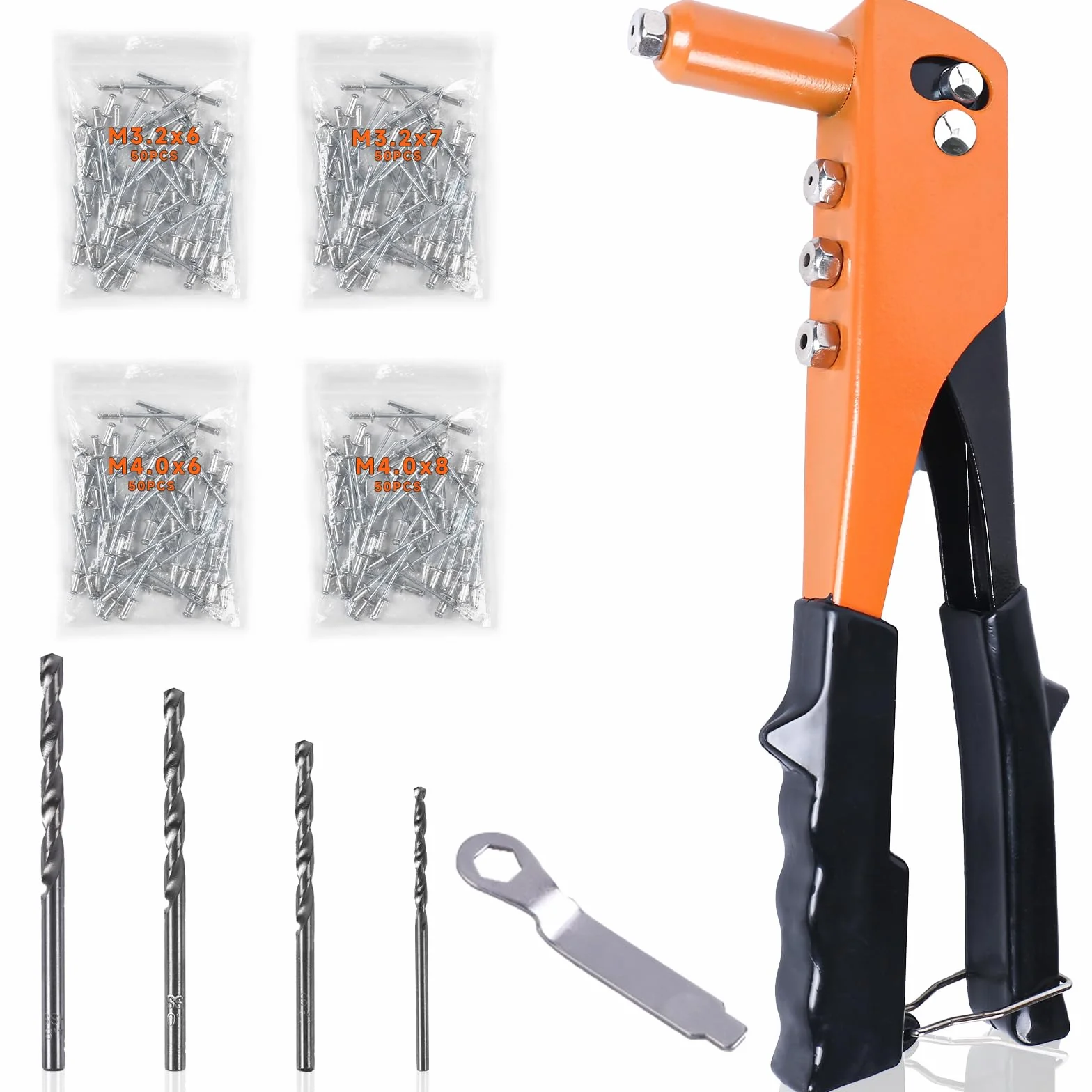 Rivettatrice Manuale con 200 Pezzi Rivetti, 4 Punte in Acciaio Carbonio, 4 Teste Intercambiabili, 4 Misure Rivetti 2,4-3,2-4,0-4,8mm, Rivettatrice Professionale per Progetti Outdoor e Casa