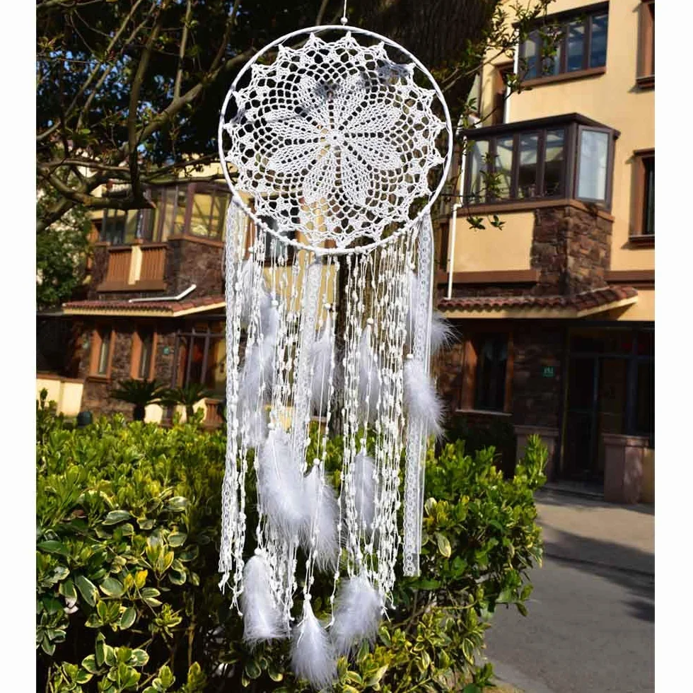 Acchiappasogni grande in macramè con piume bianche, cerchio 30 cm, lunghezza 80 cm, bianco