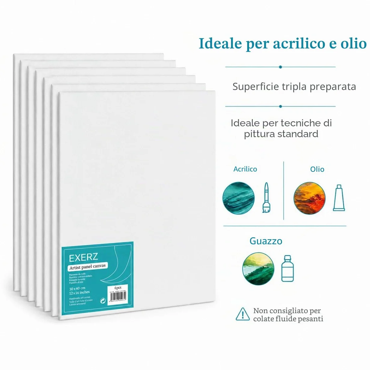 Exerz 30x40cm Pannelli in Tela 6pz - 3mm/ 280gsm/ 100% Cotone Cartoni Telati d’Artista Bianca per Pittura/Vuote/Tre Strati di Gesso/Prive di acidi/Grana Media - Olio o Acrilico