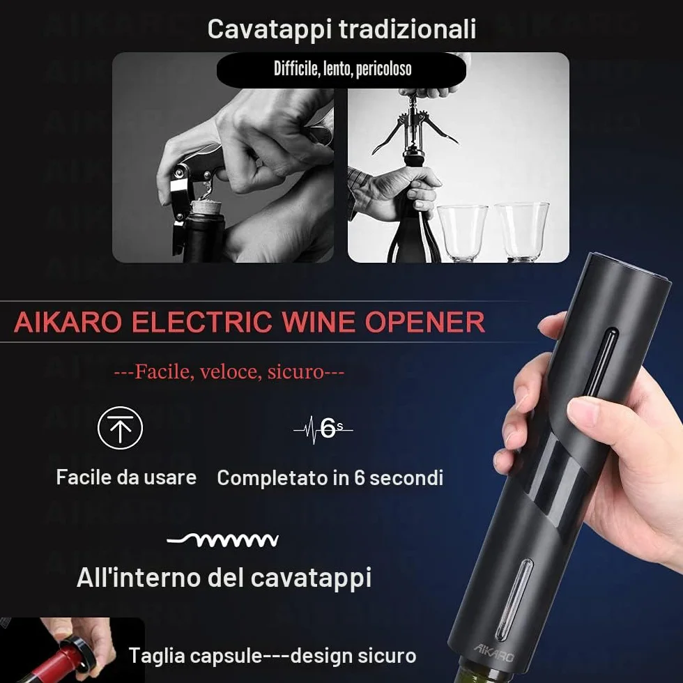 AIKARO - Apri-bottiglie per vino elettrico Cavatappi elettronico automatico, Ricaricabile (Set di Base)