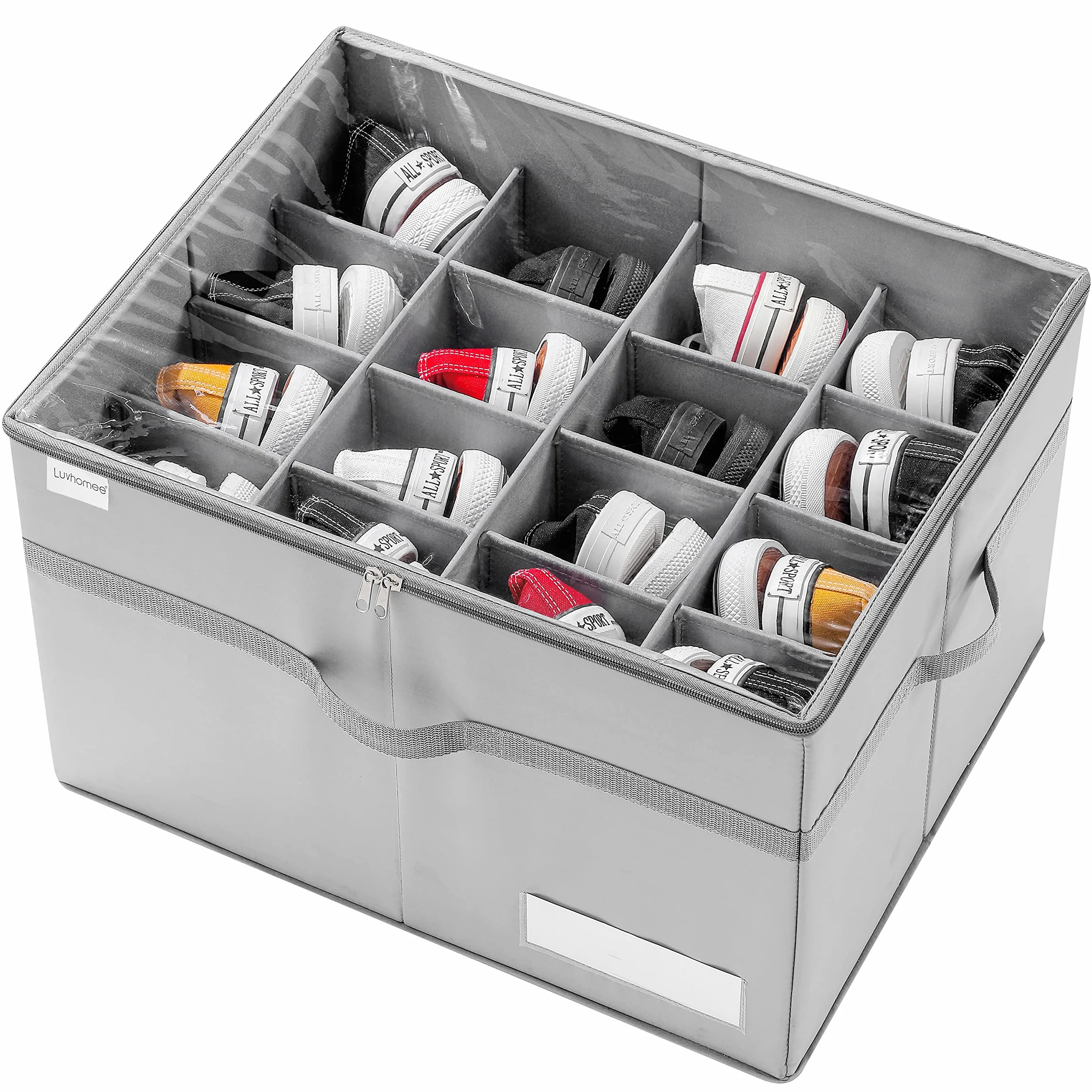 Organizer Scarpe per Armadio, Adatto a 16 Paia, Contenitori Pieghevole per Scarpiera Scatole, Porta Scarpe Trasparenti con Supporto Inferiore, Portascarpe Organizzatore con Manici Rinforzati, Grigio