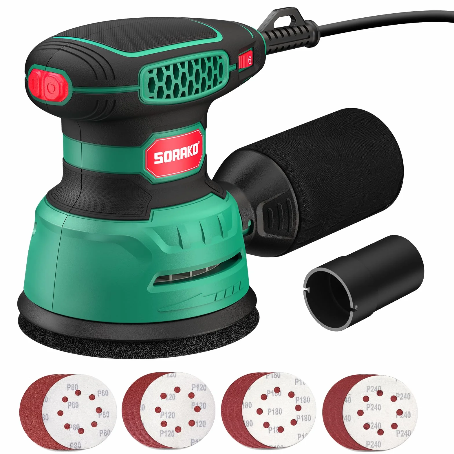 SORAKO Levigatrice orbitale 350W, 125 mm, 6 velocità, 16 fogli abrasivi, raccolta polvere, funzione frenante rapido, per progetti hobby in legno