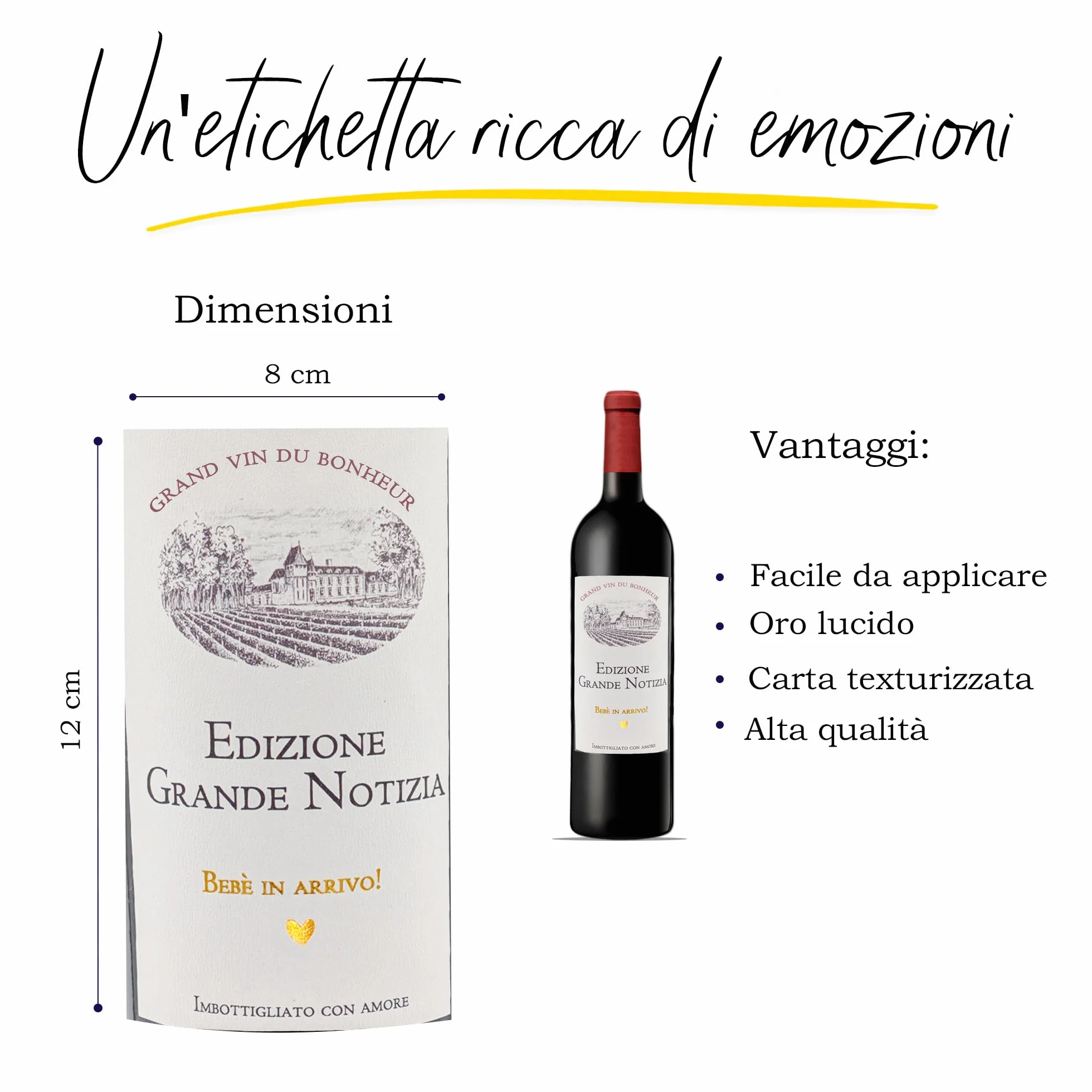 Set da 4 Etichette Bottiglia di Vino Annuncio Gravidanza "Château Grande Notizia" FunFest