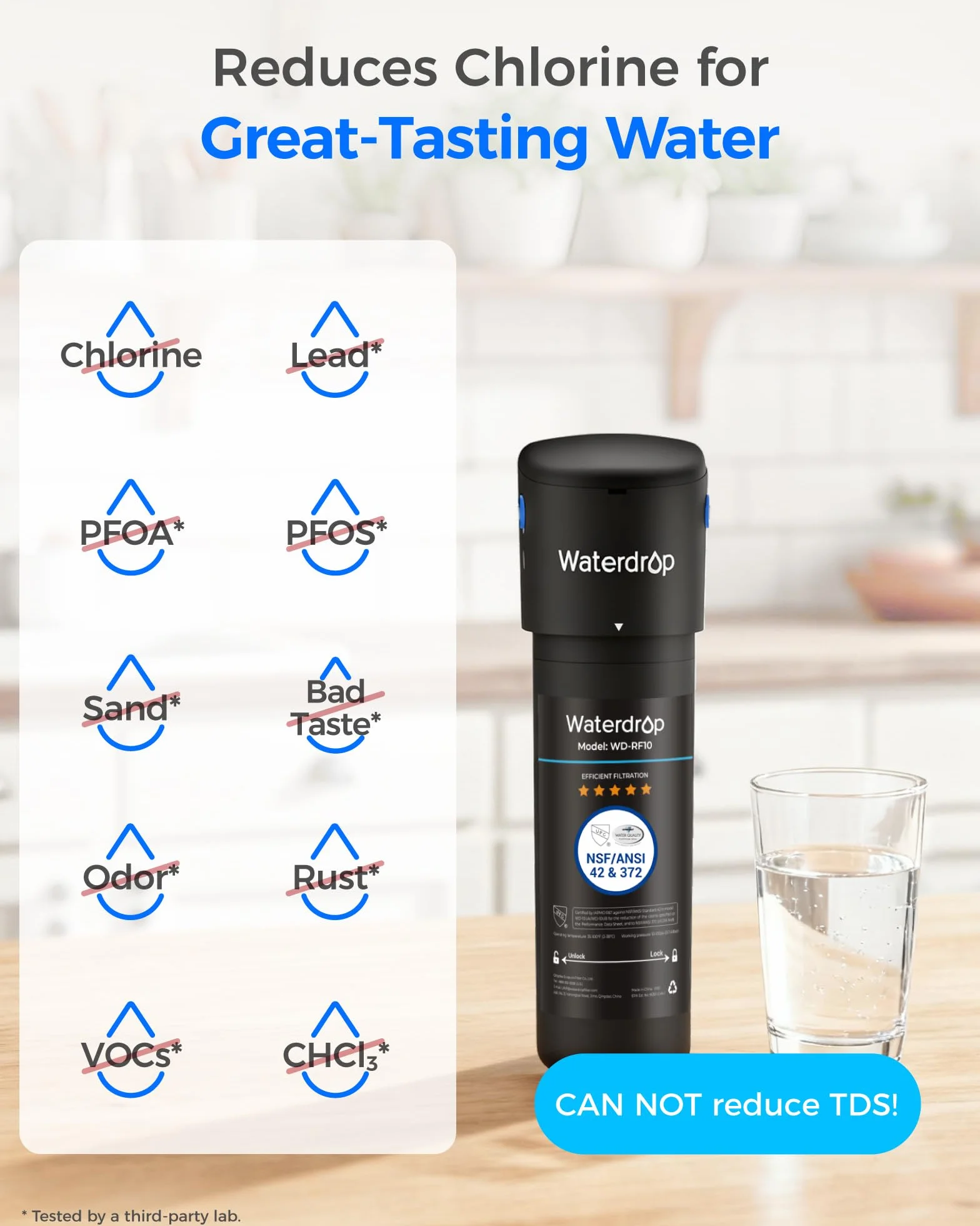 Waterdrop 10UB Filtro Acqua Sistema con Rubinetto Dedicato Goccia, Depuratore Acqua Domestico per 11000 Galloni, Certificato da NSF/ANSI 42, Rimuove 99.99% di Piombo, Cloro, Cattivo