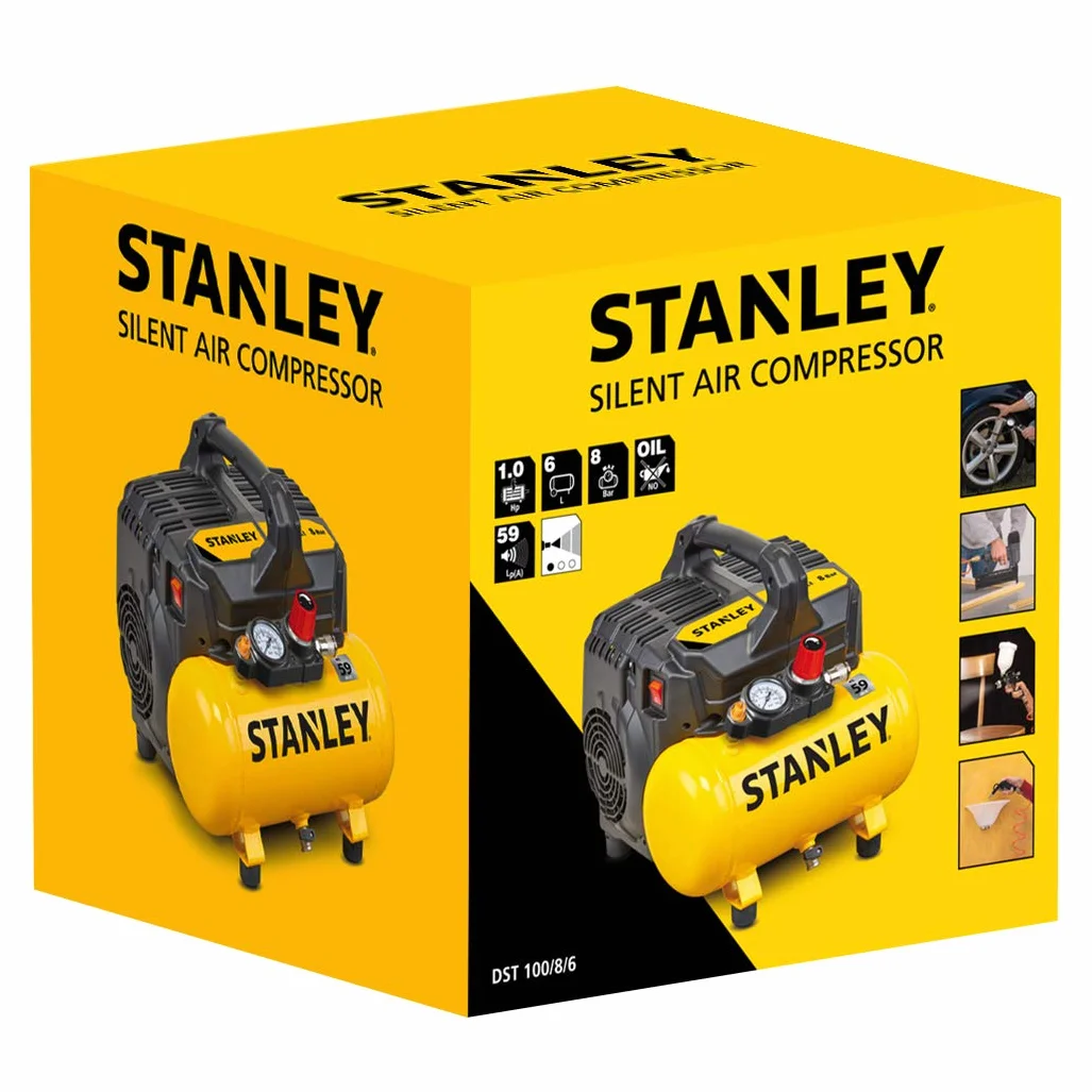 STANLEY Compressore Aria Portatile DST100/8/6 8 Bar 6L Silenziato Senza Olio 105L/Min