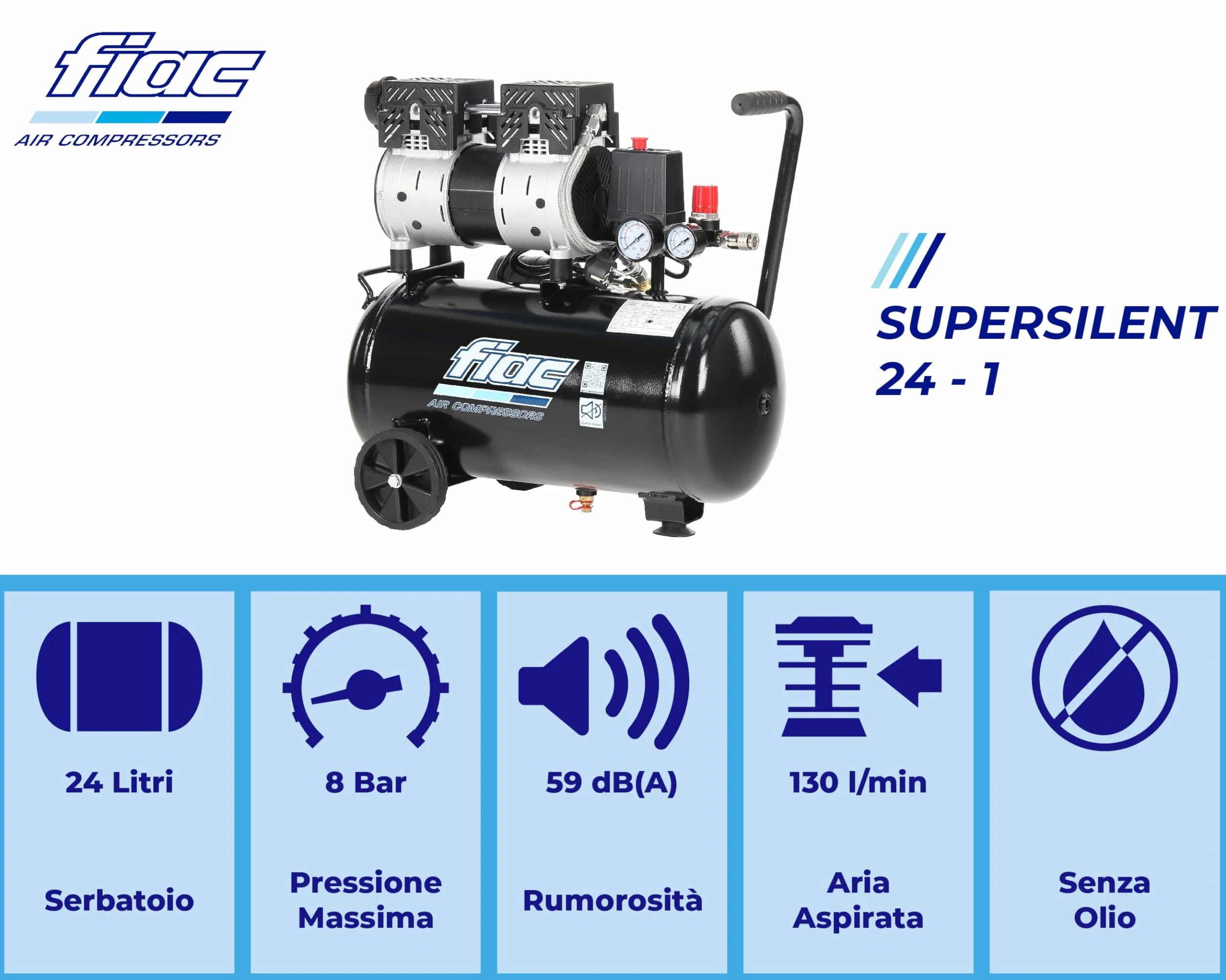 FIAC Compressore d'Aria Mobile Silenzioso SUPERSILENT 24, Compressore Aria Senza Olio, Pressione Massima 8 Bar, Potenza 1 CV, Serbatoio 24 Litri, Rumorosità 58 dB LpA
