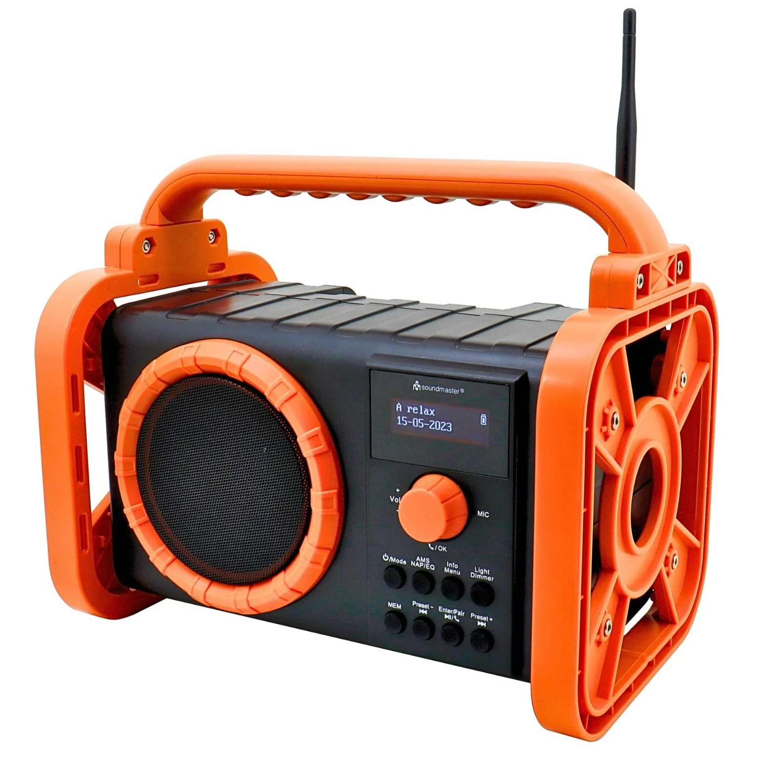 Soundmaster DAB80OR Radio da cantiere da giardino con DAB+ FM Bluetooth e batteria agli ioni di litio IP44, resistente alla polvere e agli spruzzi d'acqua
