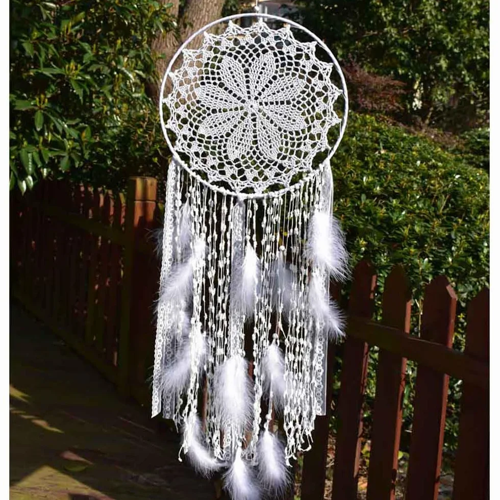 Acchiappasogni grande in macramè con piume bianche, cerchio 30 cm, lunghezza 80 cm, bianco