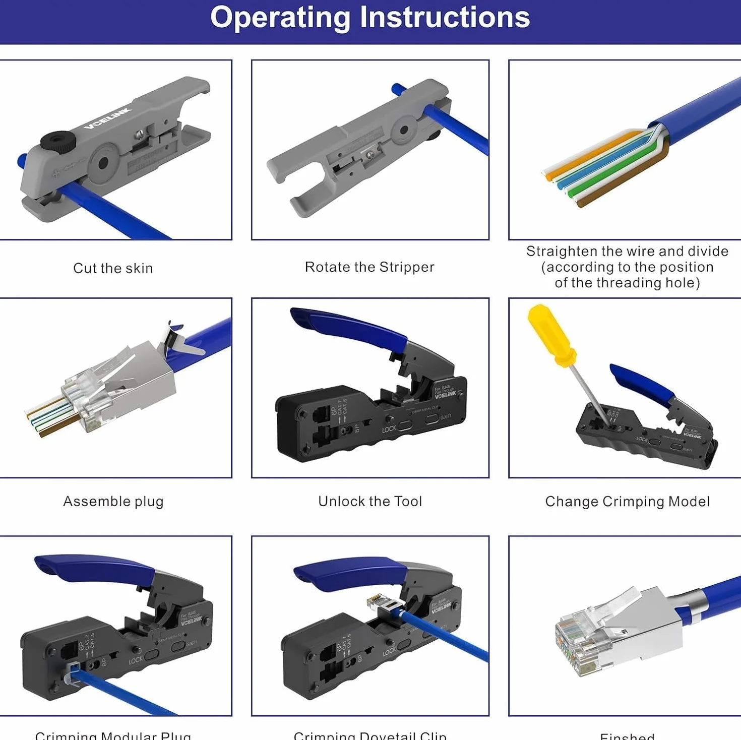 VCELINK 45 in 1 Pinza Crimpatrice RJ45, Strumenti Kit di Rete Professionali, Manutenzione del Computer Kit, Tester Lan e 20 Connettori RJ45 Passanti Cat7, Strumenti di Riparazione