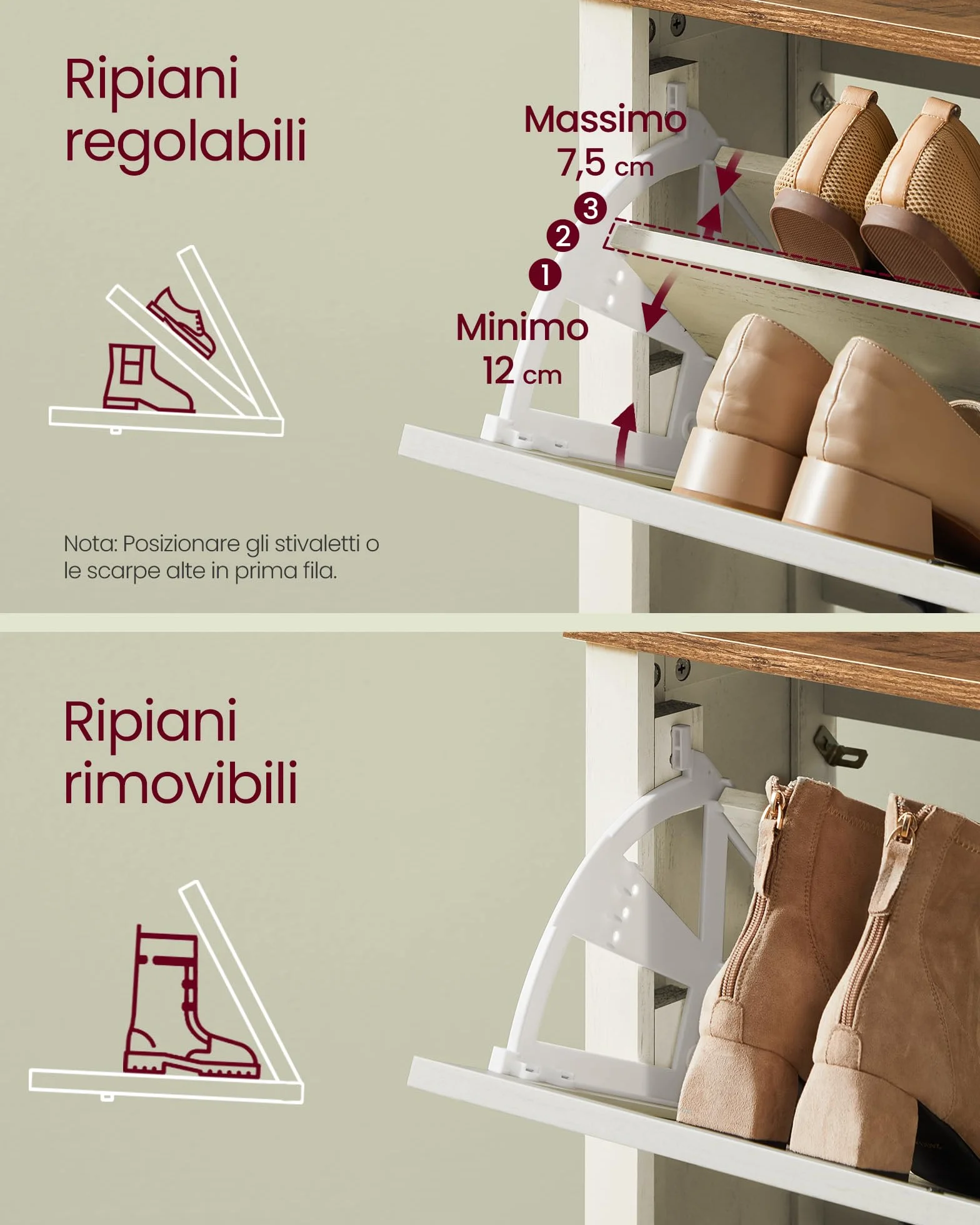 VASAGLE LIRY Collezione - Scarpiera con 2 Scomparti a Ribalta, Scarpiera Ingresso Slim, Stile Farmhouse, per 12-16 Paia di Scarpe, Bianco Vintage HSC201W01