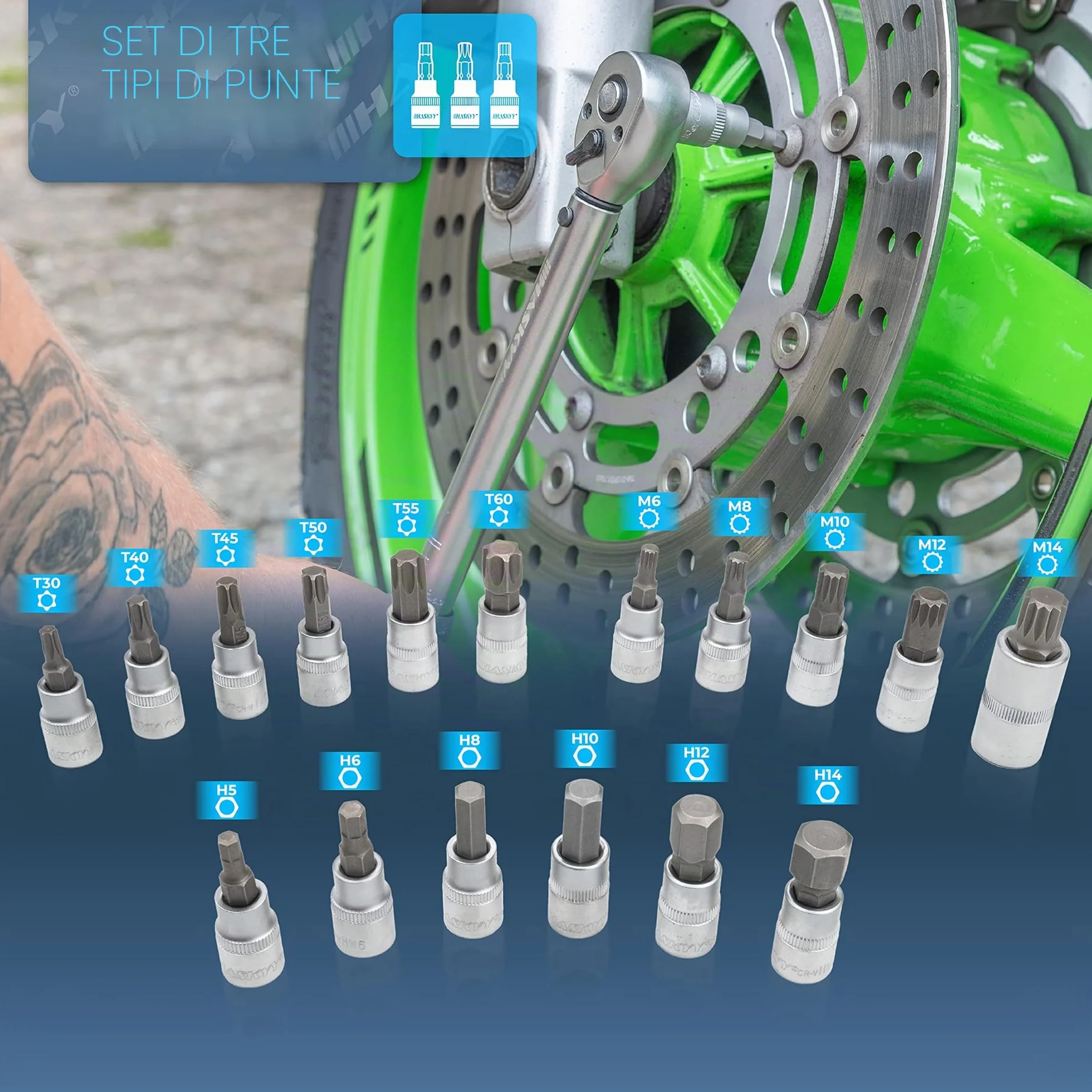 HASKYY Set chiavi dinamometriche 3/8" 5-60 Nm per moto chopper accessori estensione punte dadi bussola adattatore