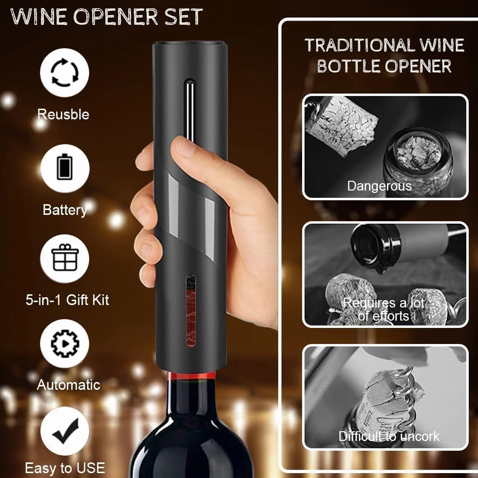 Cavatappi Elettrico per Vino, Set di Apribottiglie Elettrico 6 In 1 con Base, Taglierina, Versatore, Tappo in Silicone per Vuoto, Linea di Ricarica USB