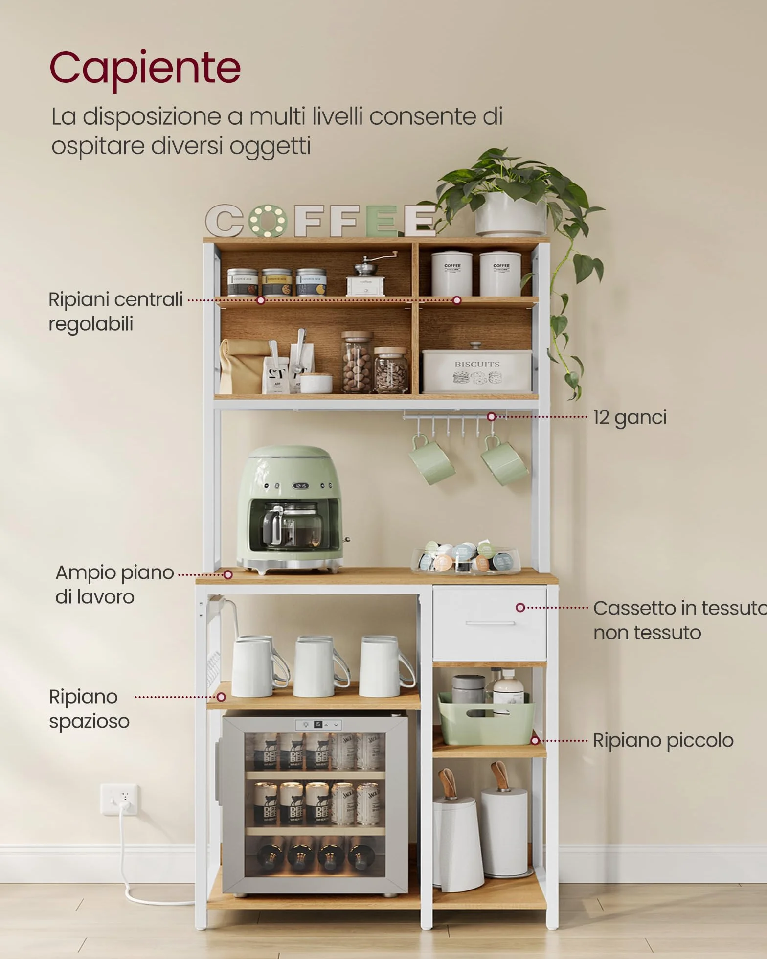 VASAGLE Scaffale Cucina con Multipresa, Mobile Cucina, 40 x 80 x 180,4 cm, Scaffale per Microonde, Ripiani Regolabili, Cassetto in Tessuto, 12 Ganci, Rovere Dorato e Bianco Nuvola KKS015Y02