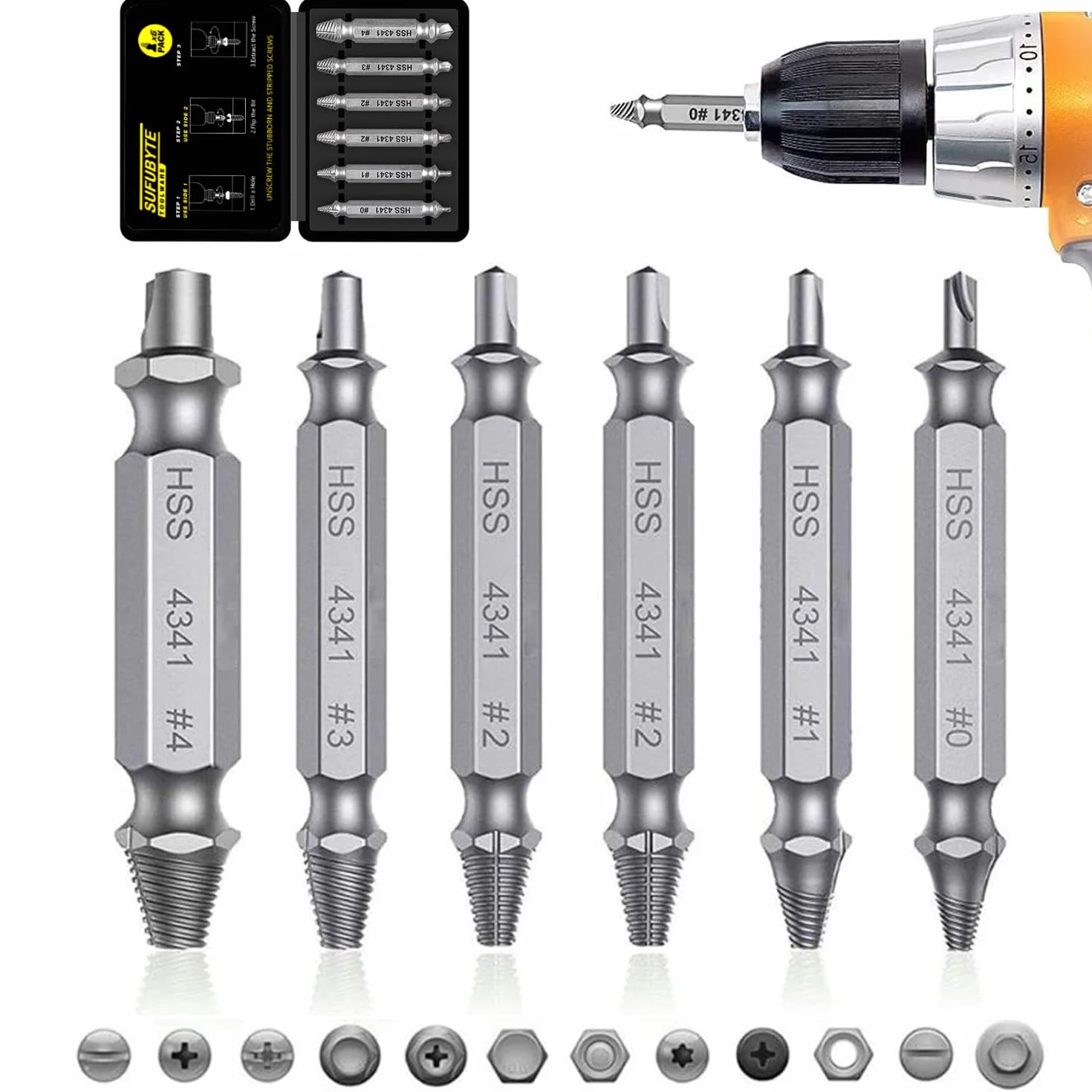 6 Pcs Estrattori Viti Danneggiate, Estrattore Viti Spanate, Dispositivo Di Rimozione Bullone Rotto In Acciaio H.S.S 4341# per Danneggiati/Spellati