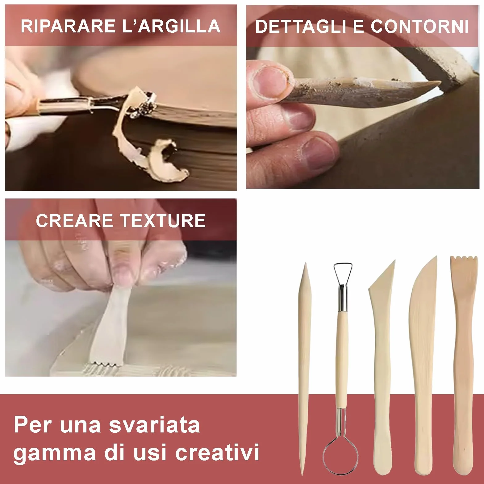 5 Strumenti per Modellare Argilla Professionali in Legno di Faggio, Sculpture Tools Set, Attrezzi per Modellazione di Das e Ceramica, Stecche di Legno e Mirette per Argilla – Kit 5 Utensili