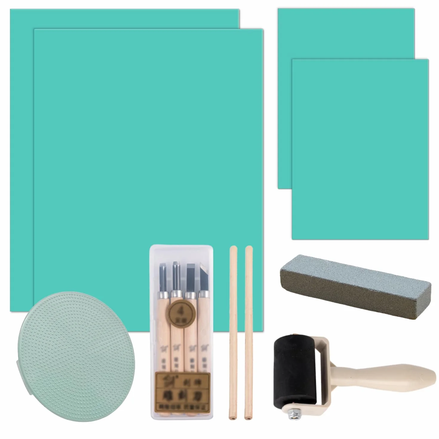13 Pz Linoleum per Incisione A4 e A6 Gomma Eva Verde Spessore 3 mm Pannelli di Linoleum Gomma Crepla Include Coltello Intaglio Rullo Pietra per Affilare per Topografia Incisione Scrapbooking Pittura