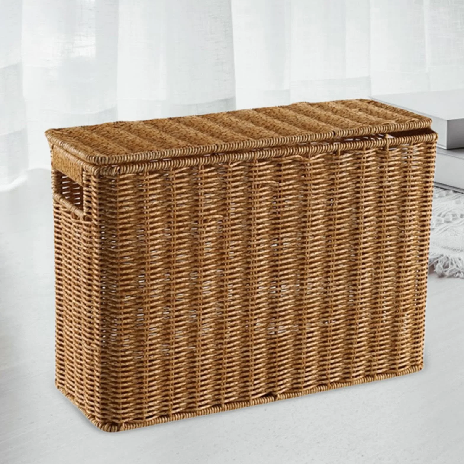 MagiDeal Contenitore portaoggetti stretto e alto, porta riviste intrecciato con coperchio, cestino portatile stretto, portadocumenti stretto per il bagno, L