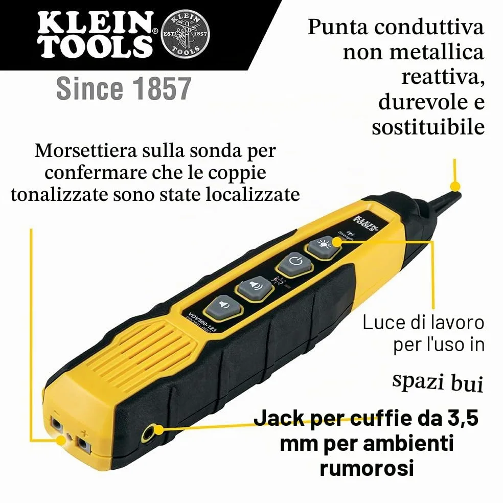 Klein Tools VDV500-123 | Sonda Di Tracciamento Probe PRO | Traccia Fili Non Attivi | Illuminazione Integrata | Jack Cuffie 3,5 Mm