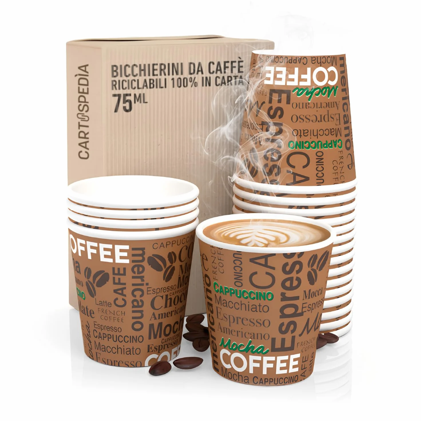 CARTOSPEDÌA 200 Bicchierini Caffè Carta 75 ml Bicchieri Caffe Monouso Biodegradabili Espresso Made in Italy Brown