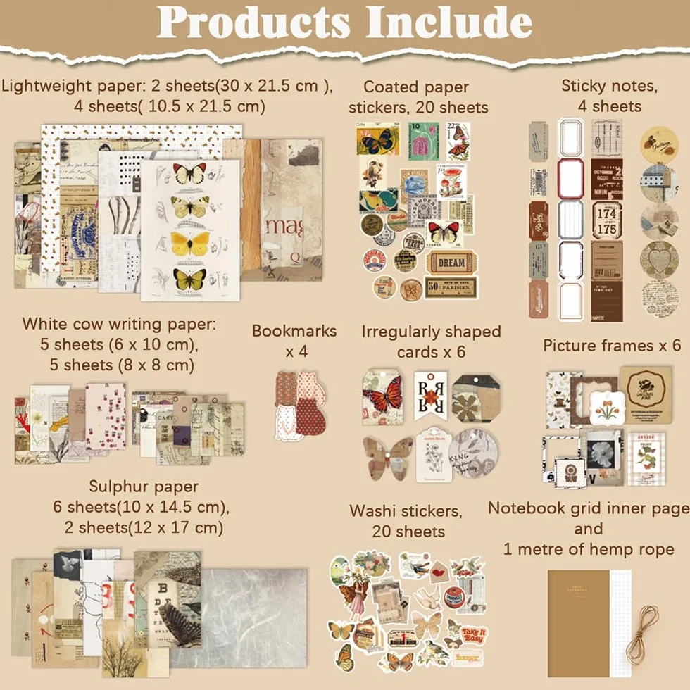 TIE-DailyNec 88 Pezzi Kit di Forniture per Scrapbooking, Forniture per Journaling Vintage, Carta Estetica DIY Retrò per Scrapbooking per Bullet Journal, Junk Journal, Arte e Artigianato