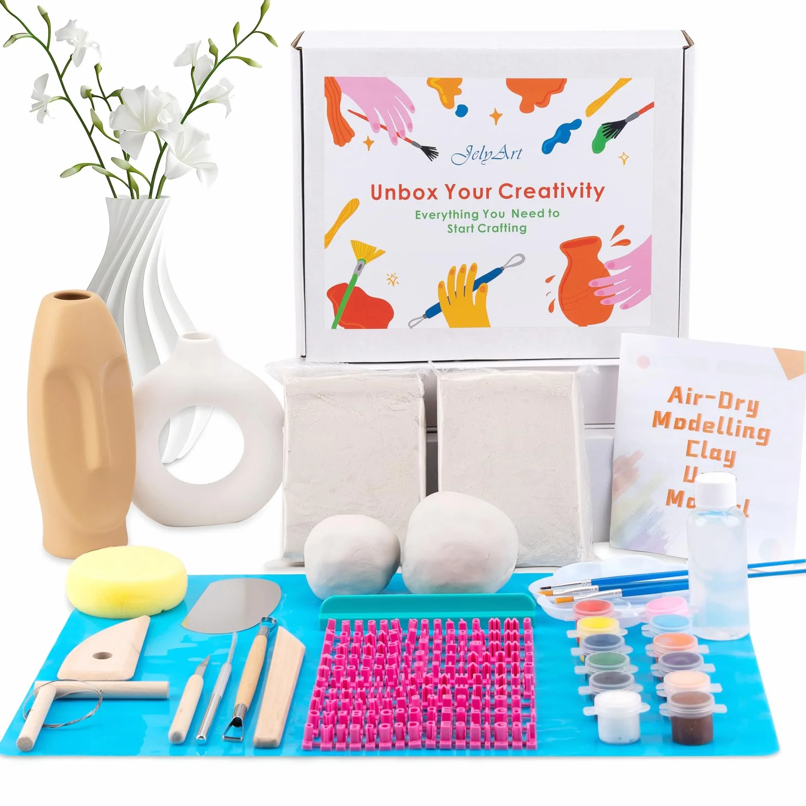 JelyArt Ceramica Fai da te Kit Argilla Senza Cottura Fai da te Creativo Adulti Include Argilla,Strumenti per Scolpire, Vivaci, Vernice, Timbri Alfabetici e Guida