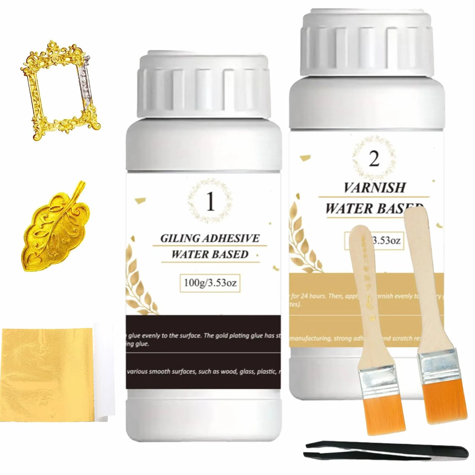 Set Adesivi per Doratura a Foglia D'oro,Colla per Foglia Oro,100ml Colla a Base D'acqua e 100ml Vernice Protettiva,100 Fogli Foglia Oro,2 Pennelli,1 Pince,per Mestieri,Dipinti,Arte