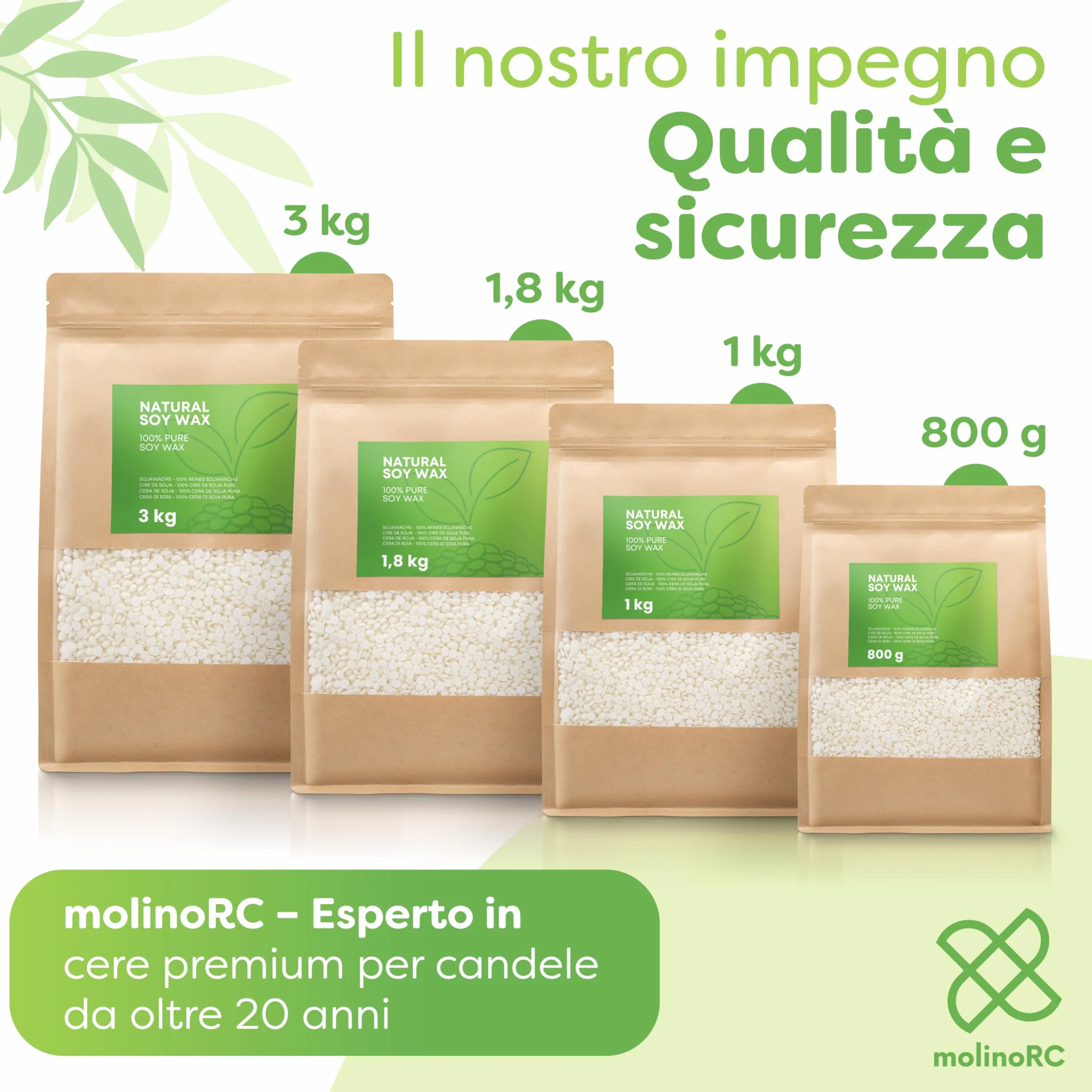 molinoRC 800g Cera di soia per Candele - Prima qualità - 100% Naturale, biodegradabile, Senza additivi - Combustione Pulita, Ideale per profumate - per stampi e Contenitore - Pratiche pastiglie