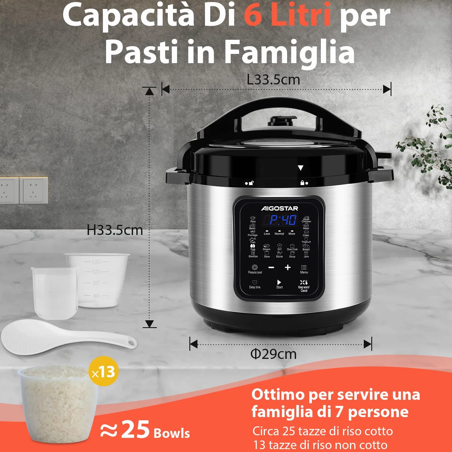 Aigostar Pentola a Pressione Elettrica 6L 1000W, 18 Programmi Automatici, 3 Livelli di Pressione Regolabili, 24H Timer, Funzione Mantieni Caldo, Display LED, Interno Antiaderente, Sliver