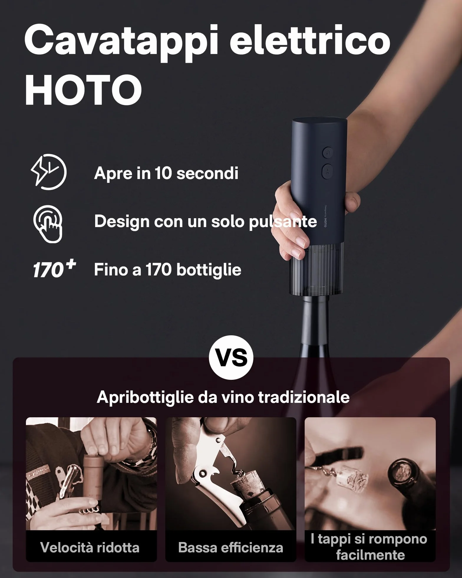 HOTO Cavatappi Elettrico, Apribottiglie elettrici, Tagliafoglie Nascosto, Avvio con Un Solo Pulsante Entro 10 Secondi, Batterie Sufficienti Può Aprire 170 Bottiglie,appuntamenti e amanti del vino