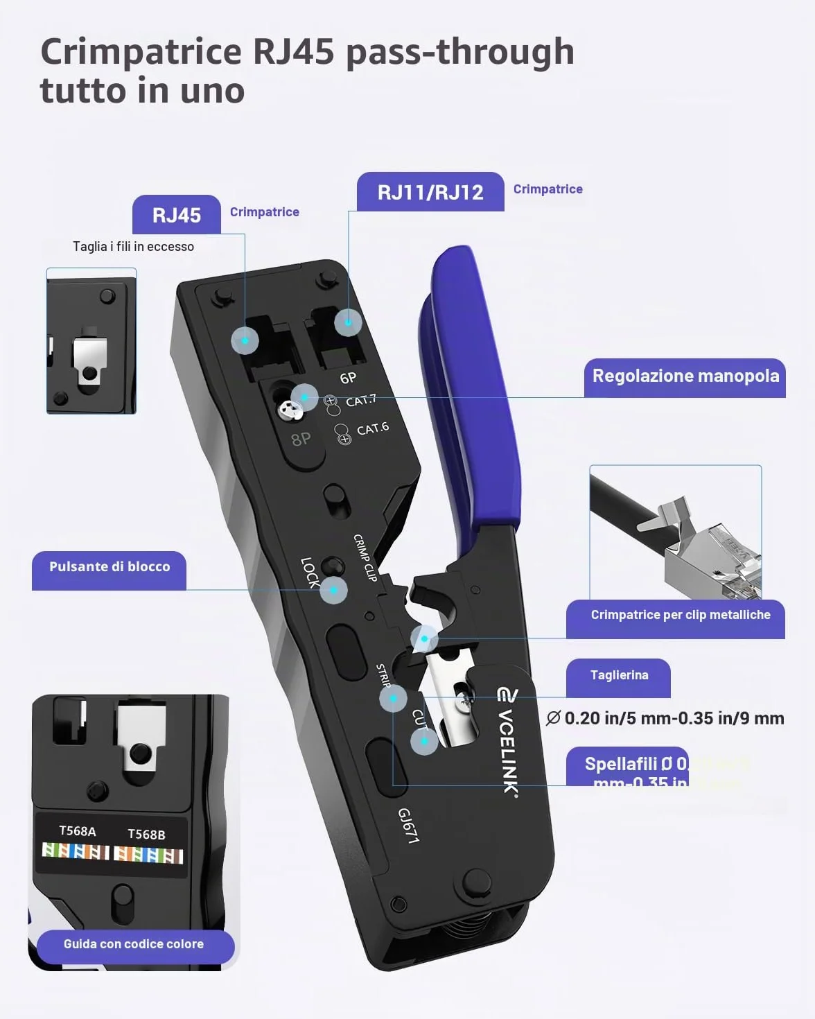 VCELINK GJ671BL Pinza Crimpatrice RJ45 Passante Multifunzione, Professionale per Connettori RJ45/RJ12/RJ11, Compatibile con Cavi Cat5-Cat7