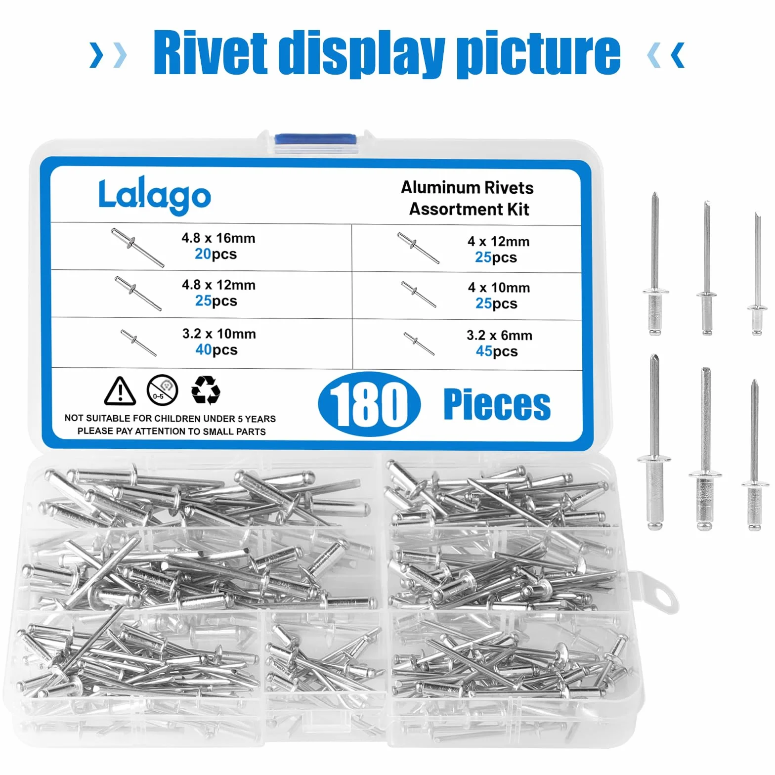 LALAGO Pinze per rivetti con 180 pezzi rivetti ciechi, adattatore elettrico per trapano avvitatore a batteria, kit 6 misure Pop rivetti