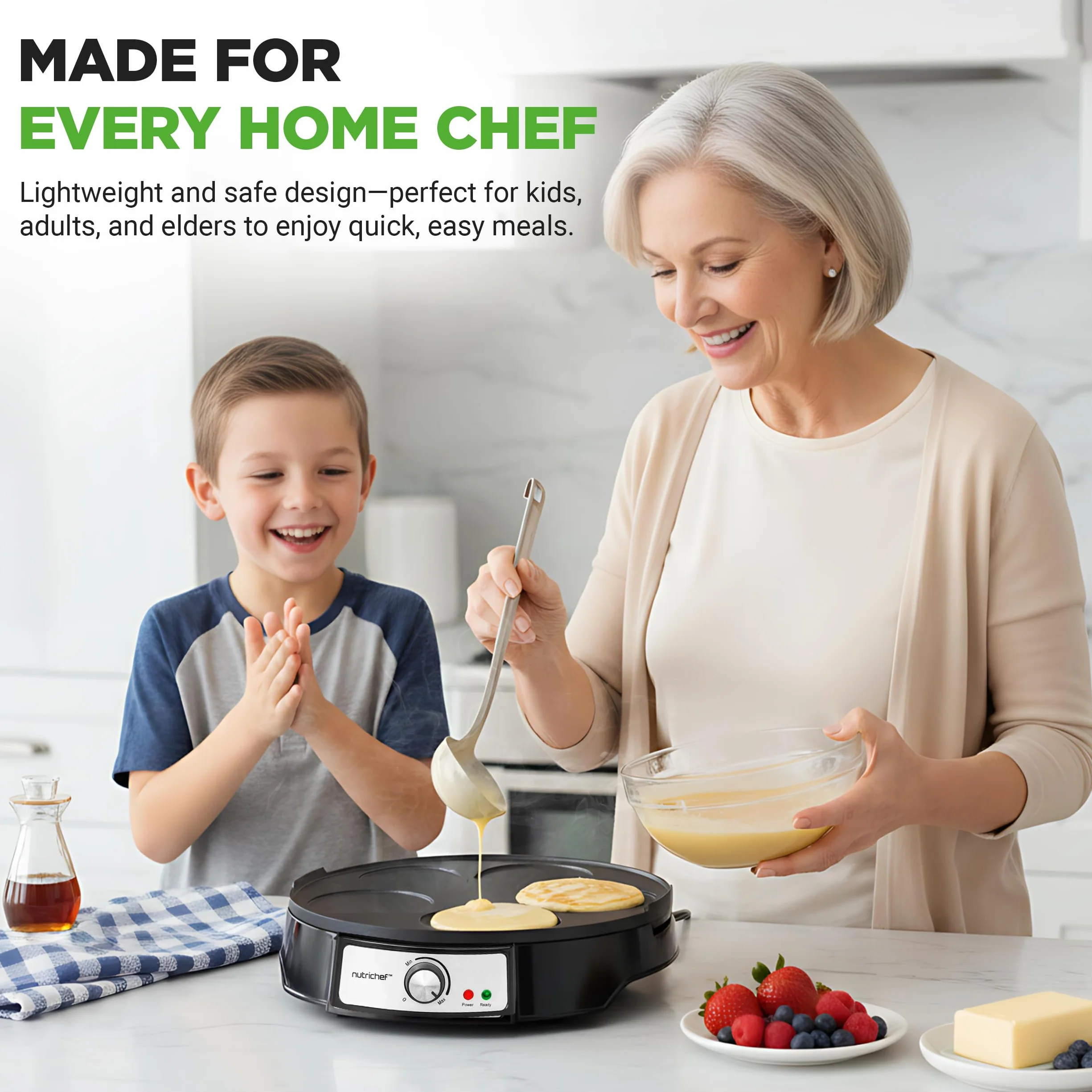 NutriChef Crepiera Elettrica 30 cm 1000W, Crepiera con Piastra Antiaderente Reversibile, Temperatura Regolabile, LED, Spatola e Dispenser, Ideale per Crepes, Crespelle, Pancake, Uova e Bacon