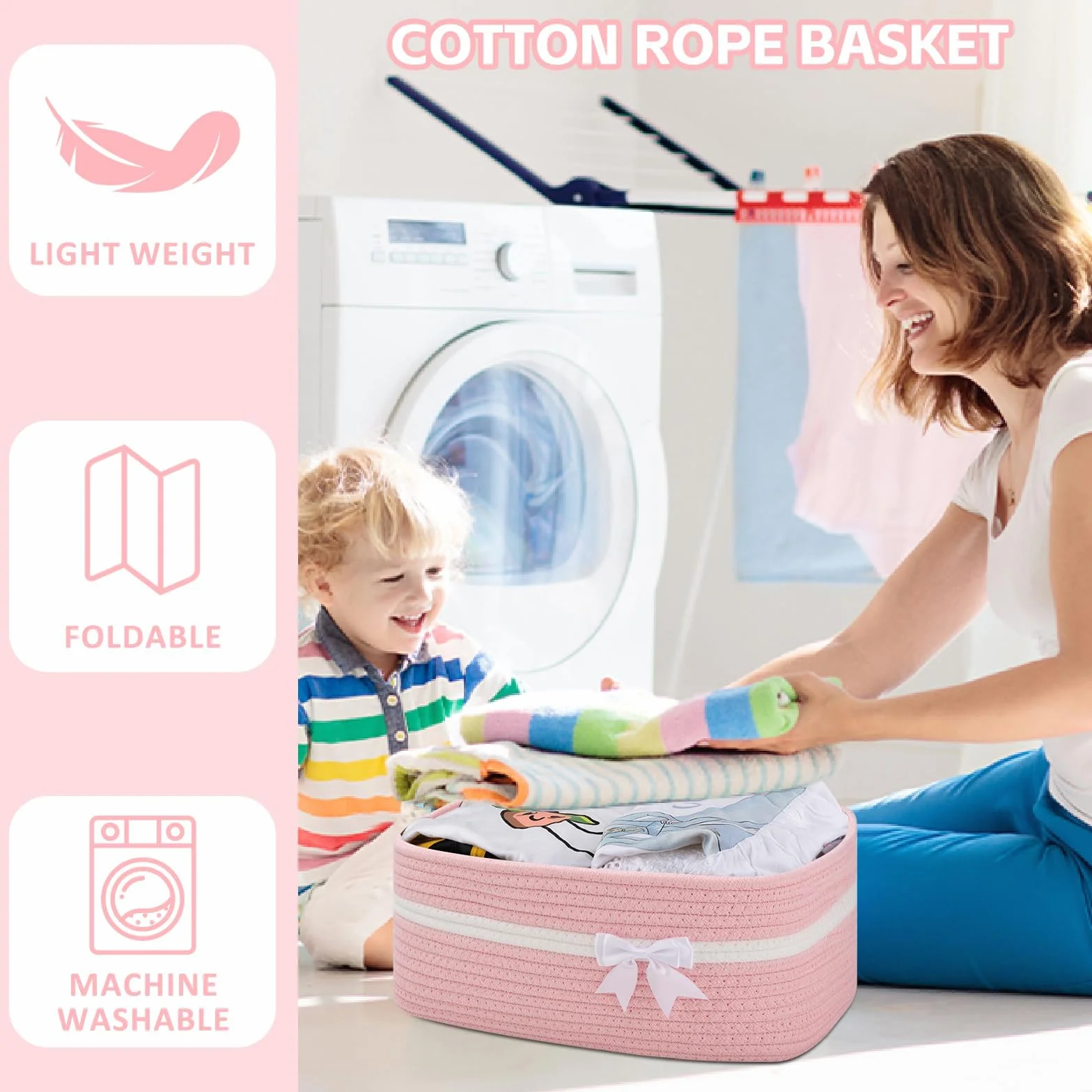 Cestino Portaoggetti Intrecciato Rosa con Fiocco Decorativo, Cesto Regalo Vuoto per Baby Shower, Compleanni, Pasqua, Cameretta, Fasciatoio – Cestino in Corda di Cotone con Manici, 34×15×25 cm